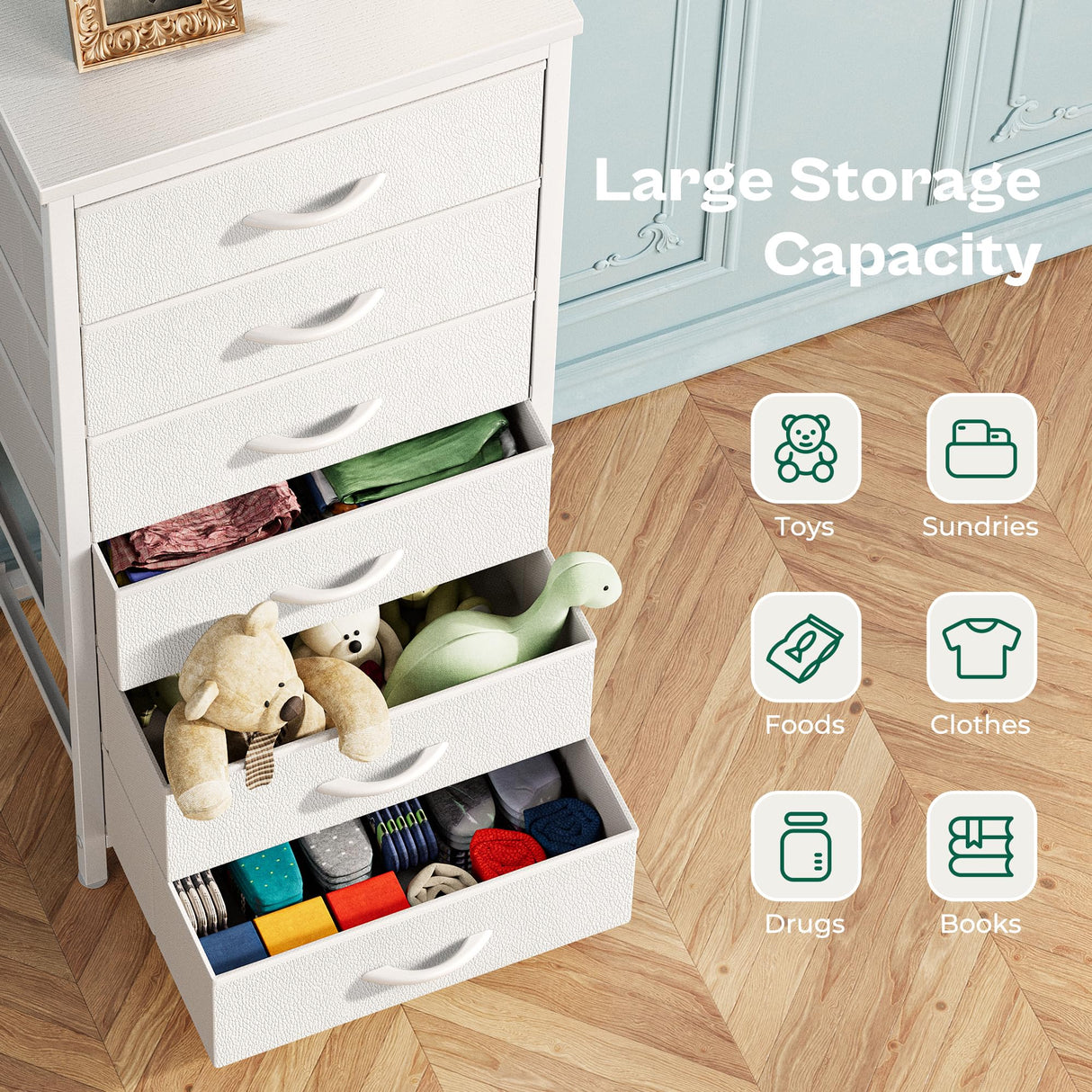 Huuger Tall Dresser for Bedroom, 6 Drawer Dresser & Chests of Drawers, Fabric Dresser for Closet, Bedroom, Night Stand, End Table with Metal Frame, Storage Tower with Fabric Bins, PU Leather, White Huuger