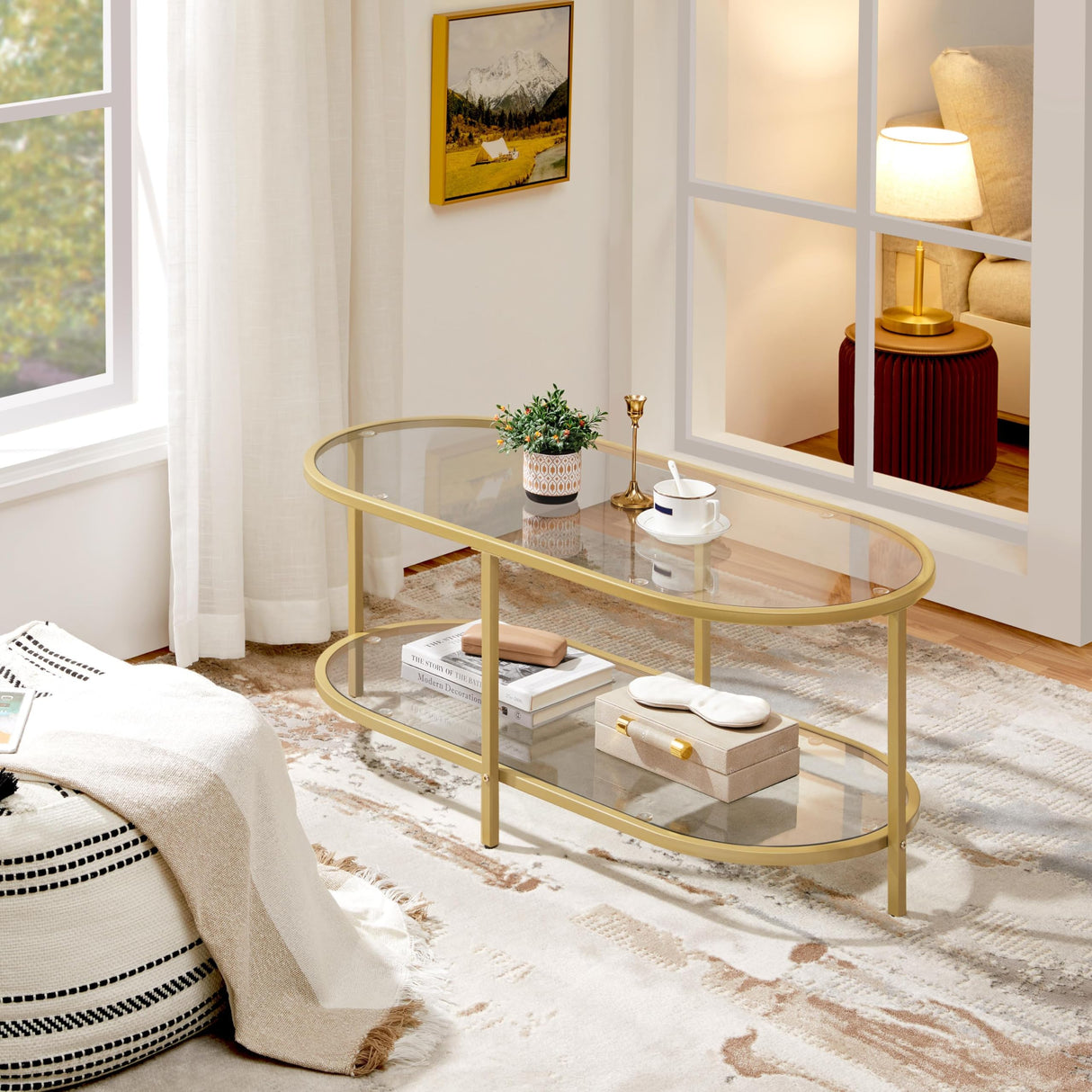 Yaheetech Gold Coffee Table, 42" Oval Glass Coffee Table for Living Room, 2-Tier Center Tea Table with Storage Shelf & Metal Frame for Small Space, Office Yaheetech