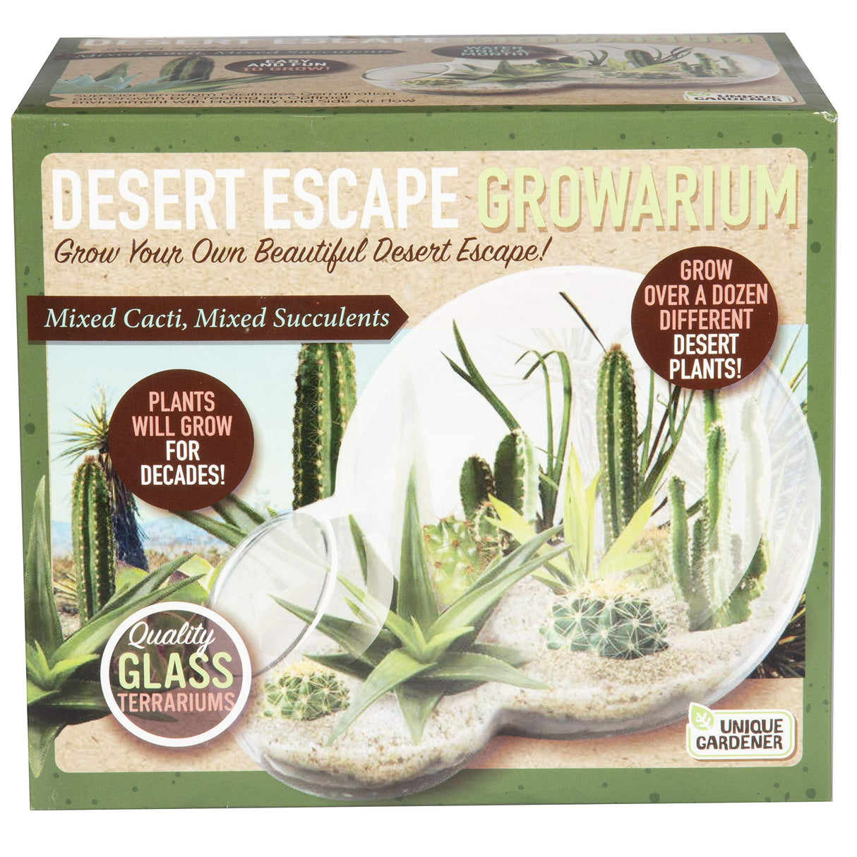 Grow Your Own Desert Escape in A Quality Glass Terrarium Starter Kit with Complete Supplies - Easy to Maintain Indoor Cacti and Succulents - Over A Dozen Desert Plants That Will Last for Years! Unique Gardener