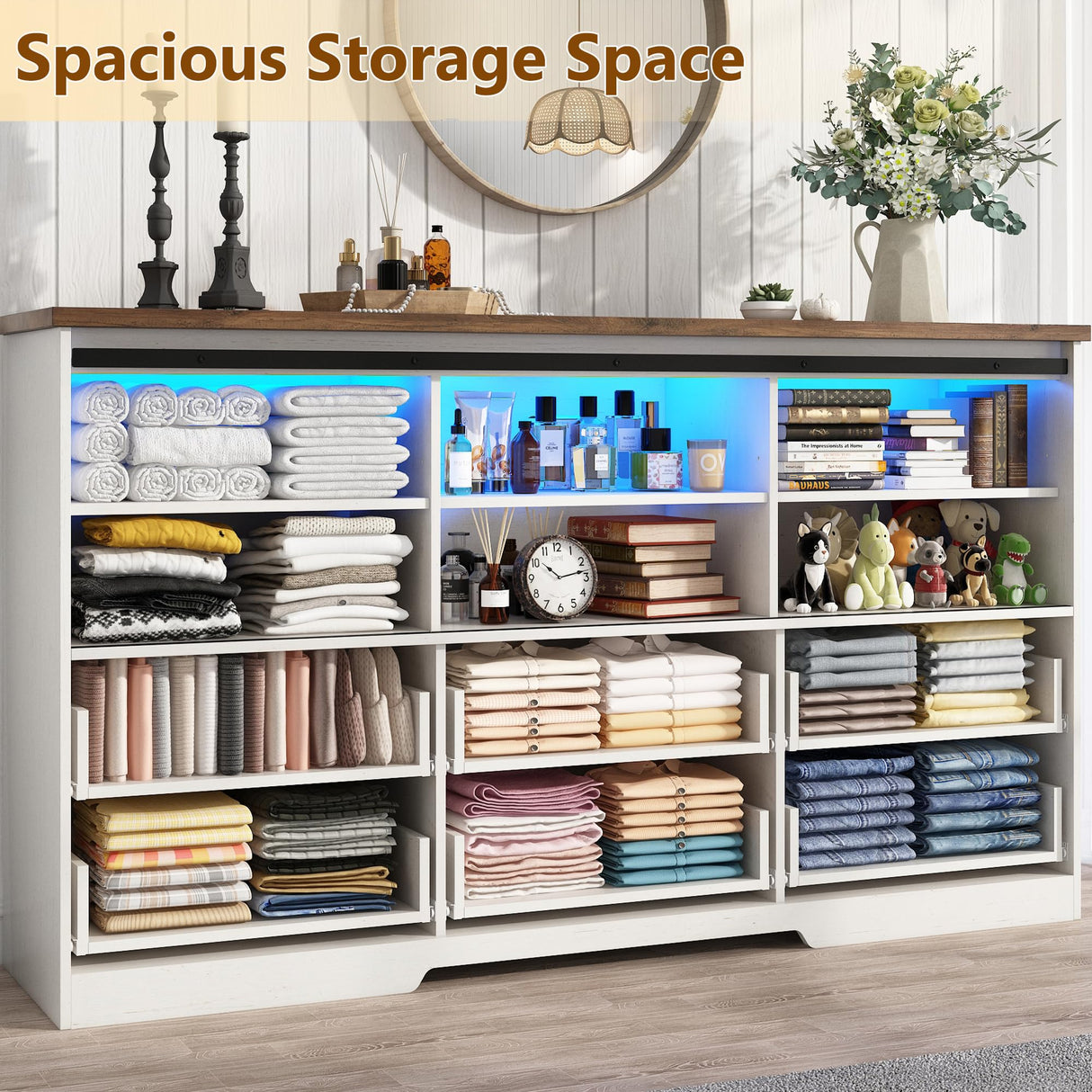 63" Farmhouse Dresser w/6 Drawers,60000-color Led Lights,Outlet, Large Chest of Drawers w/Sliding Barn Doors,Adjust Shelves,White Dresser TV Stand for 65/70in TV for Bedroom, Living Room chartustriable