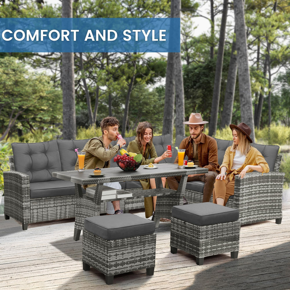 KROFEM 6-Piece Outdoor Patio Furniture Set - Sectional Sofa, Dining Table & Chairs Included, All-Weather Dining Set with Ottoman, Grey Wicker and Grey Cushions KROFEM
