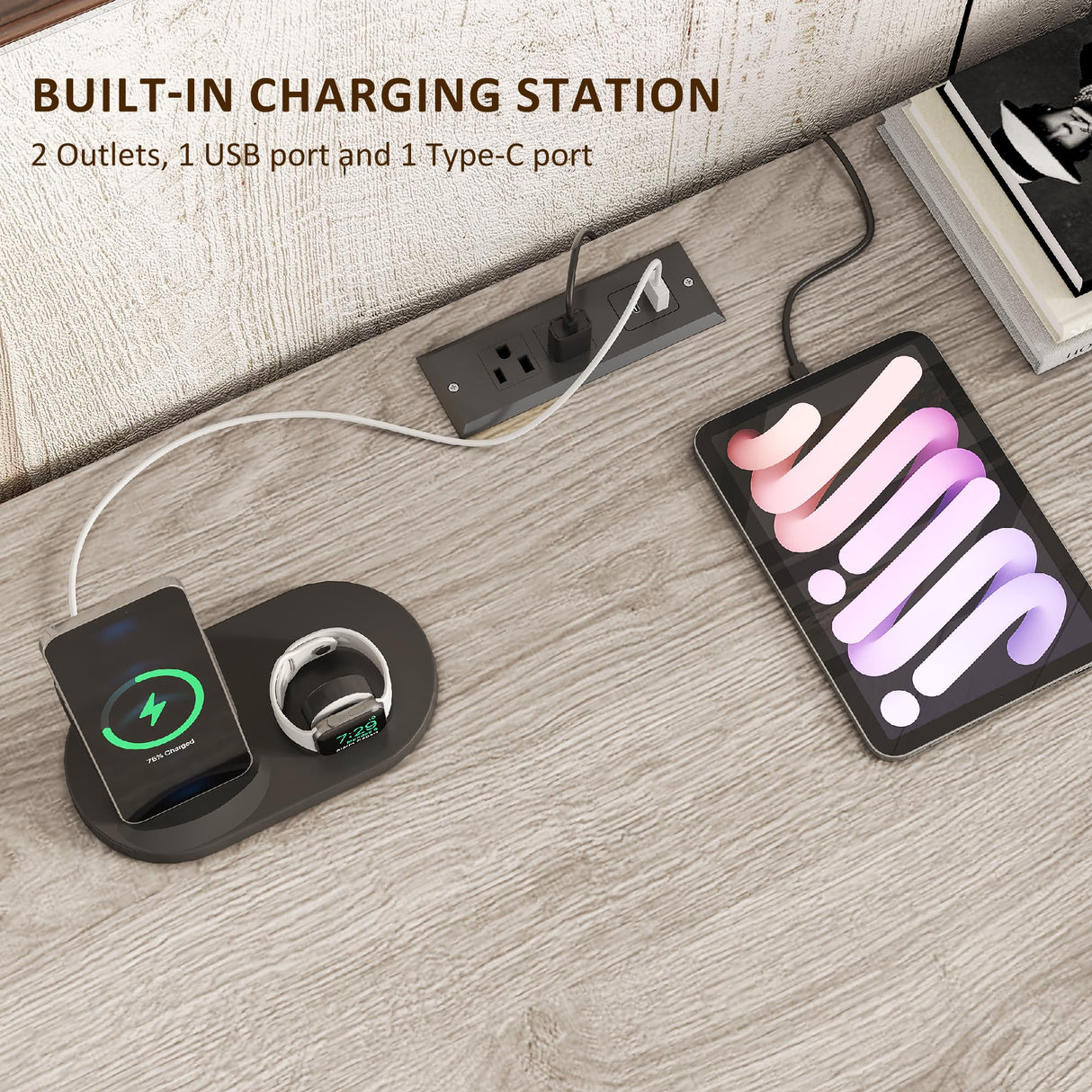 Whalefall 55'' Farmhouse Desk Home Office with Drawers, Executive Computer Desk Wooden with File Cabinet and Charging Station, White Wash Gray Whalefall