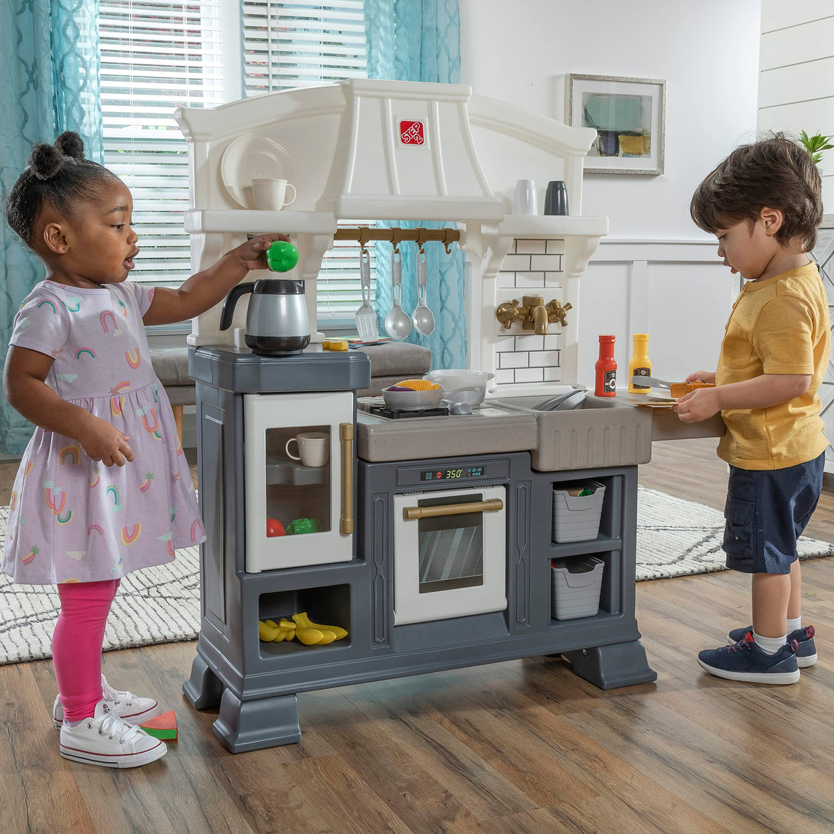 Step2 Gilded Gourmet Kids Kitchen Playset, Indoor/Outdoor Kitchenette, Interactive Play with Lights and Sounds, Made of Durable Plastic, Includes 20 Piece Toy Accessories, for Toddlers 2+ Years Old Step2