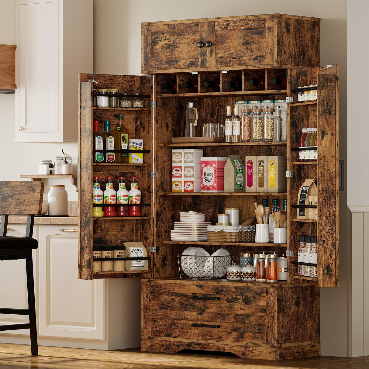 IRONCK Kitchen Pantry 72" Height, with 8 Hanging Shelves, 2 Drawers and Open Storage Cabinet, Freestanding Cupboard for Dining Room Living Room,Vintage Brown IRONCK