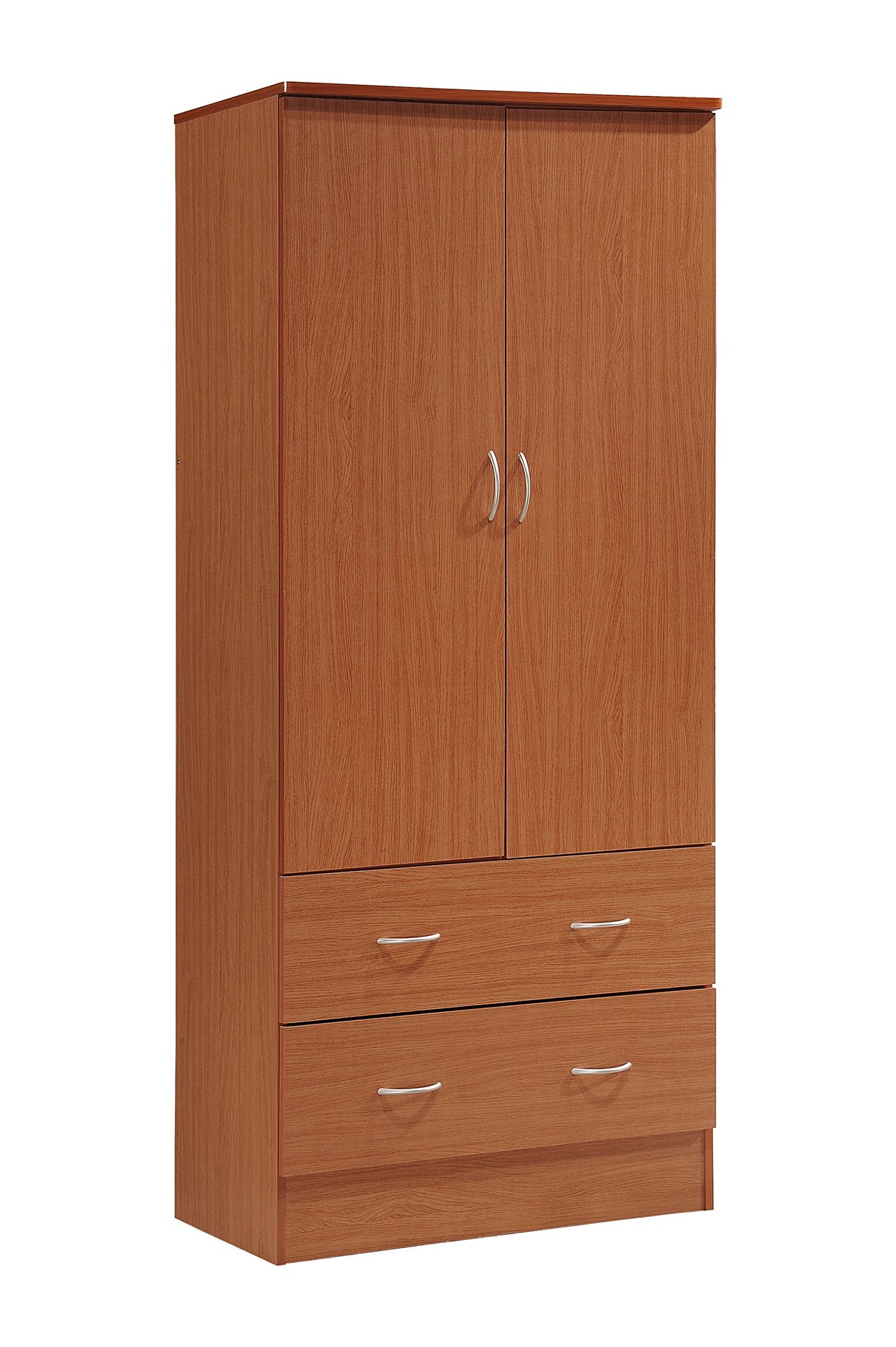 HODEDAH 2 Door Wood Wardrobe Bedroom Closet with Clothing Rod inside Cabinet and 2 Drawers for Storage, Cherry Hodedah