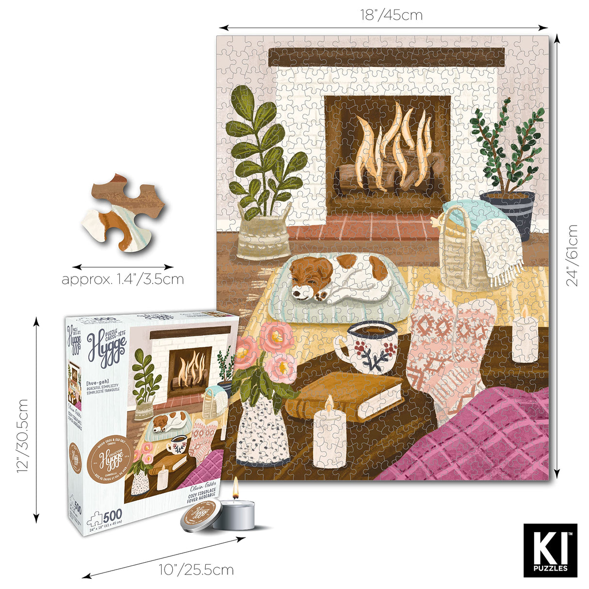 500 Piece Puzzle for Adults Hygge Collection Cozy Fireplace by Olivia Gibbs Blueboard Puzzle Jigsaw + Bonus Candle KI Puzzles from Playview KI Puzzles