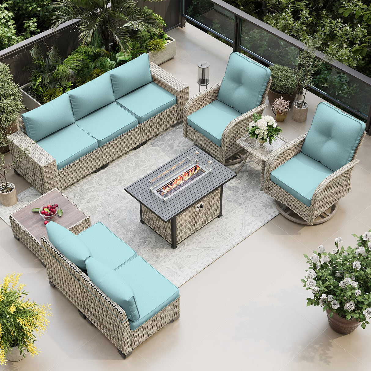 Muphyers 10-Piece Outdoor Patio Furniture Set with Rocking Swivel Chair, PE Wicker Rattan Sectional Sofa Patio Conversation Set with 55,000 BTU Fire Pit Table & Coffee Table, Light Blue Muphyers