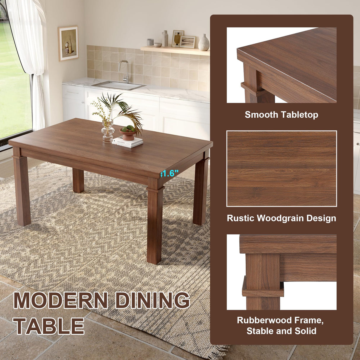 VilroCaz Modern 6-Piece Dining Table Set, Solid Wood 60'' Rectangle Kitchen Table with 4 Upholstered Chairs & Bench, Home Kitchen Dining Room Set for 6 (Walnut-7.19) VilroCaz