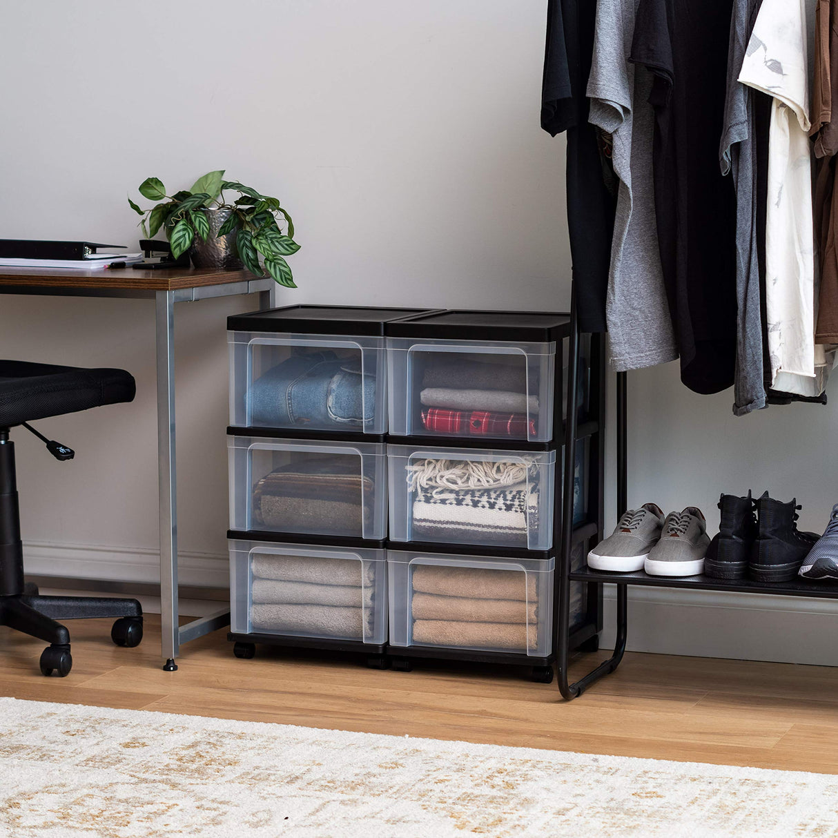 IRIS USA Plastic 3-Drawer Storage Organizer Rolling Cart, with Wheels Casters, 2-Pack, for Classroom Art Supplies Dresser Closet Bathroom Dorm Bedroom Laundry Room, Slim Narrow, Black/Clear IRIS