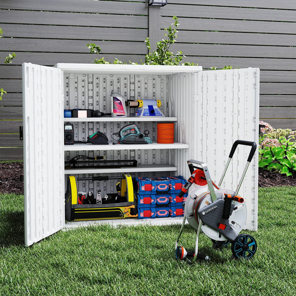 Outdoor Storage Cabinet with 2 Shelves, Waterproof Resin Vertical Tool Shed, Lockable 15 cu. ft. Storage Shed for Patio, Garden, Yard, Dark White ZYJOYY