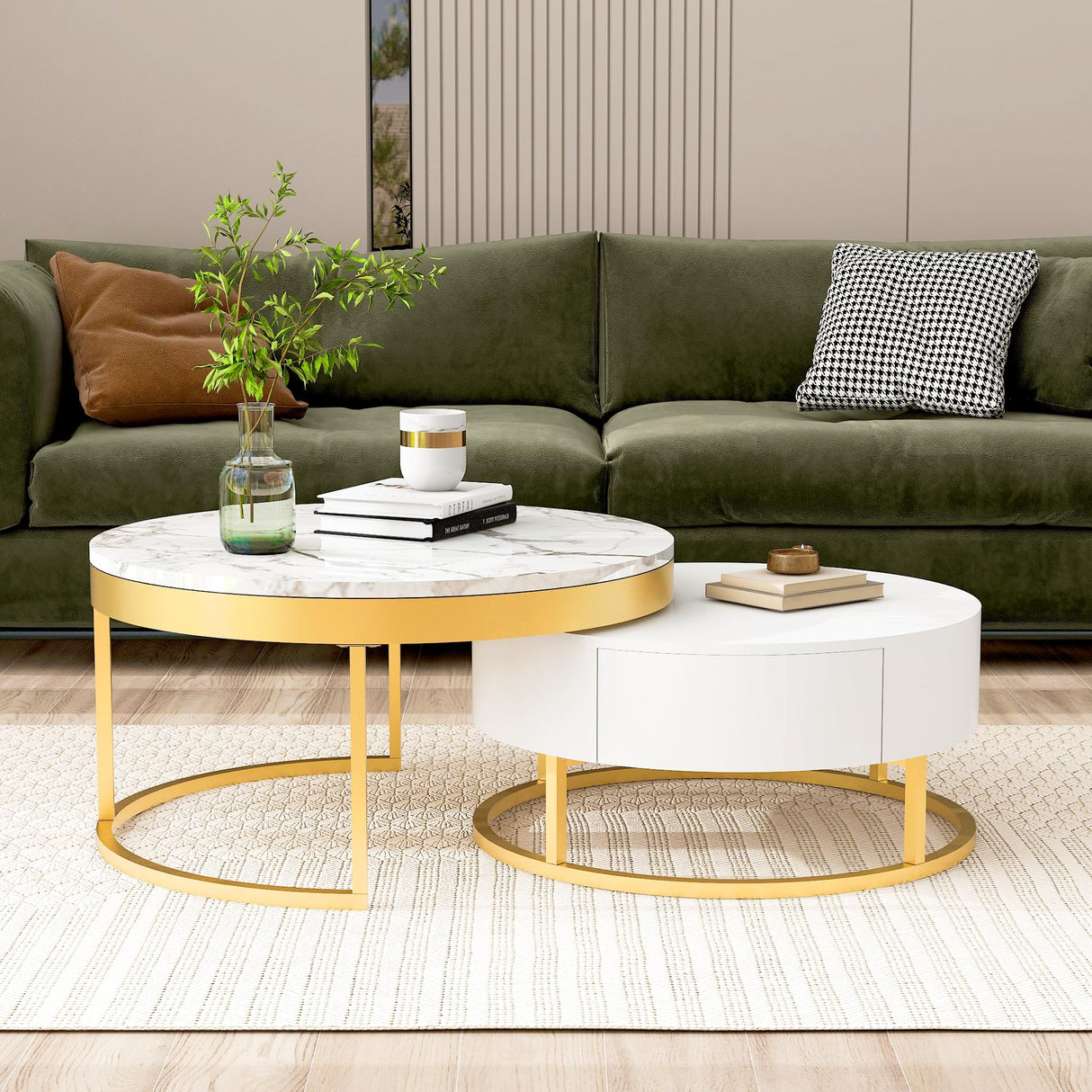 Modern Round Nesting Coffee Table with Drawers for Living Room in White Flieks