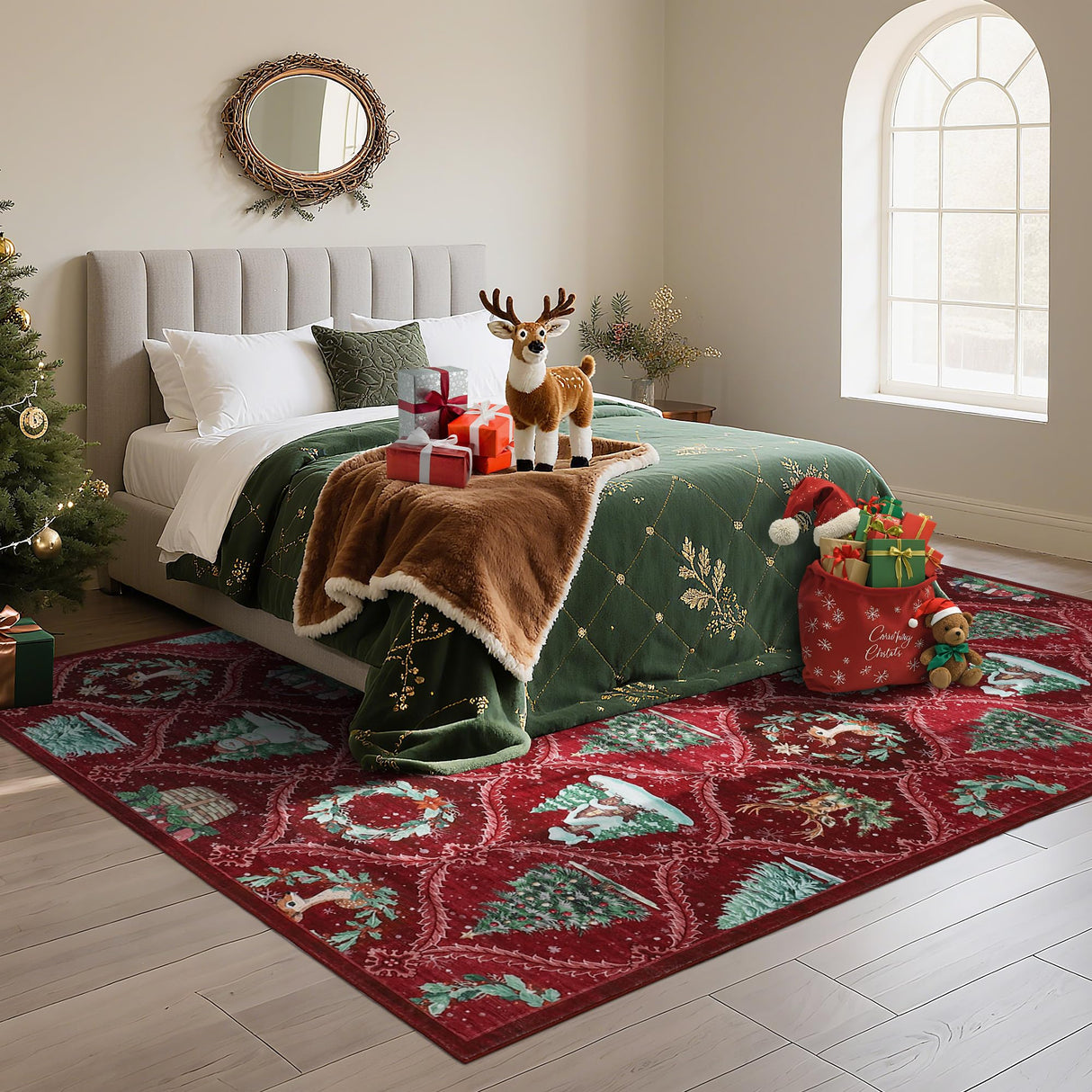 GarveeHome Christmas Rug 5x7 Boho Non-Slip Stain Resistant Machine Washable Rug for Bedroom,Large Neutral Low-Pile Area Rug for Living Room Bedroom Kitchen Office, Red GarveeHome