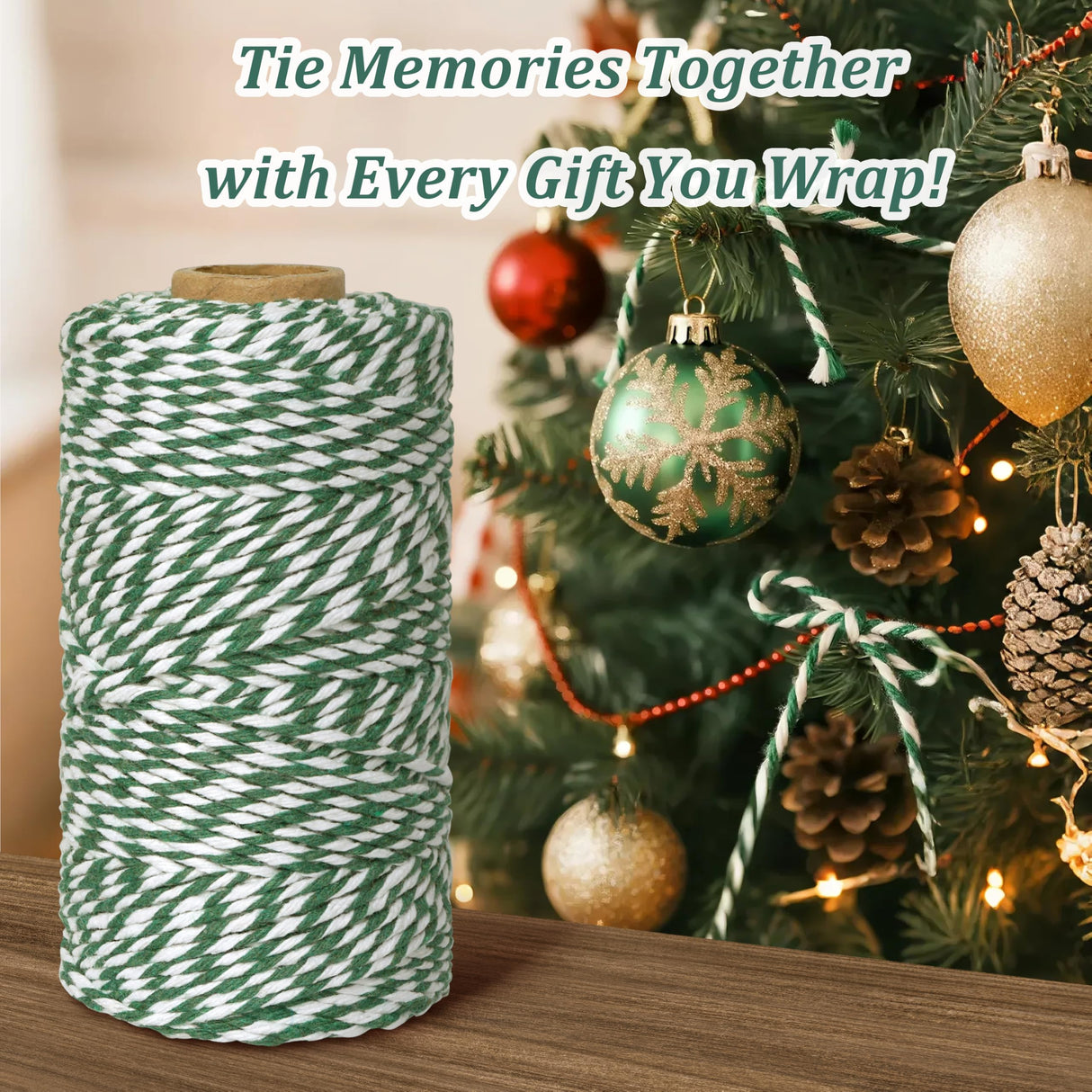 Cotton Twine String, 328 Feet Green & White - Christmas Twine for Gift Wrapping, Crafts, Baking, Butchers, Holiday Decorations, DIY, Kitchen & Gardening HAMUIERS