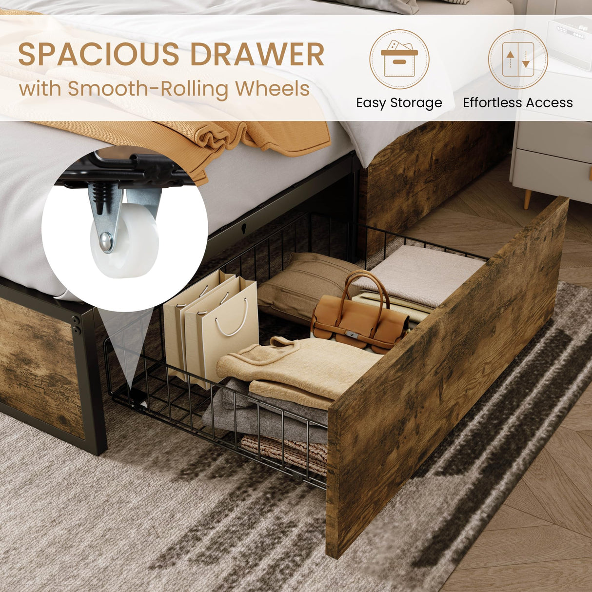 SHA CERLIN Queen Platform Bed Frame with 2 Large Storage Drawers, Rustic Wood and Metal, Noise-Free, Easy Assembly, No Box Spring Needed, Brown SHA CERLIN