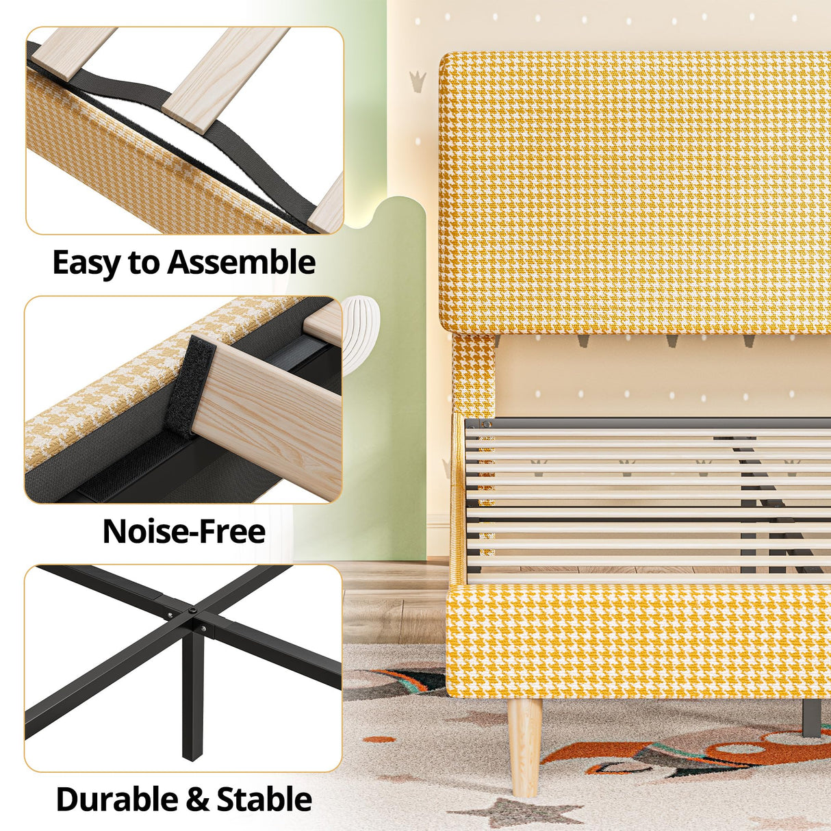 LIKIMIO Twin Size Bed Frame with Headboard, Fully Cotton Upholstered Foundation, Wooden Slats Support, Noise Free, No Box Spring Needed, Easy Assembly, Rustic Yellow and White Checkered LIKIMIO