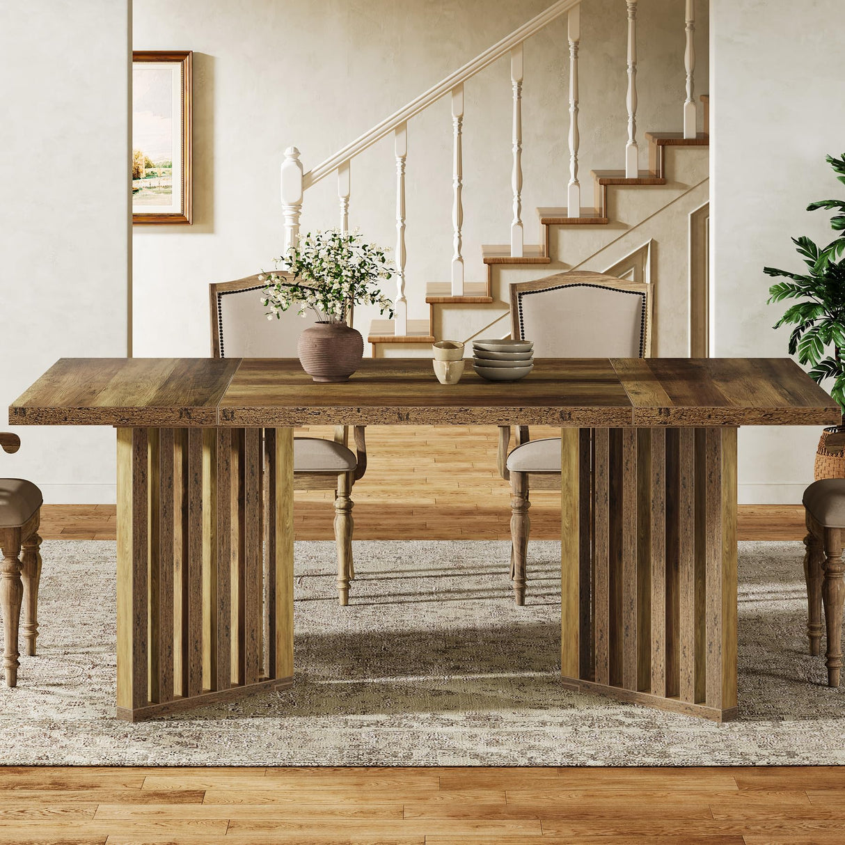 Tribesigns 63-inch Rectangular Dining Table for 4-6, Farmhouse Kitchen Dinner Eating Table with Slatted Base, Wood Dining Room Furniture for Home, Rustic Brown Tribesigns