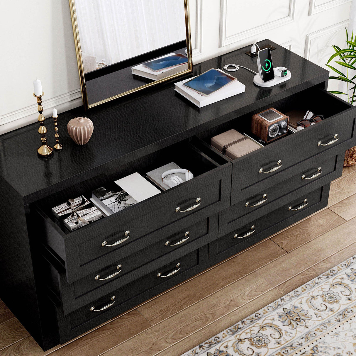 YITAHOME Drawers TV Stand for 65 inches with Power Outlets -Chest of Drawers Dresser with Side Organizer Bag Entertainment Center TV Console, Black YITAHOME