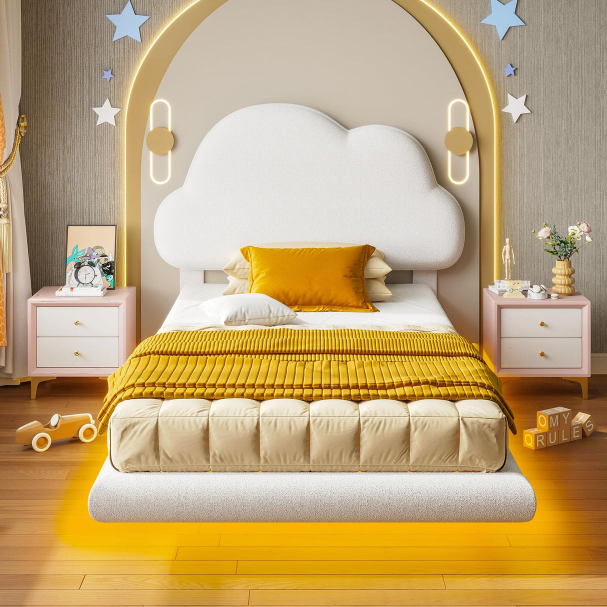 LIKIMIO Twin Bed Frames with Cloud Headboard, Upholstered Boucle Floating Platform Bed with LED Lights, Solid Wooden Slats Support, No Box Spring Needed, Easy Assembly, White LIKIMIO