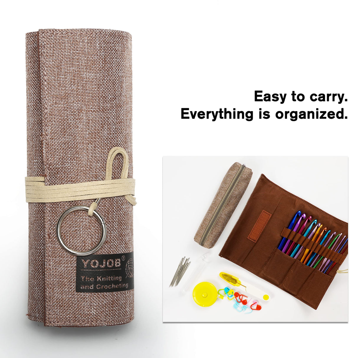YOJOB Traditional Aluminum Crochet Hooks Case, 14 Slots Roll-up Crochet Hook Organizer with a Detached Zipper Bag (Beige-Orange) YOJOB