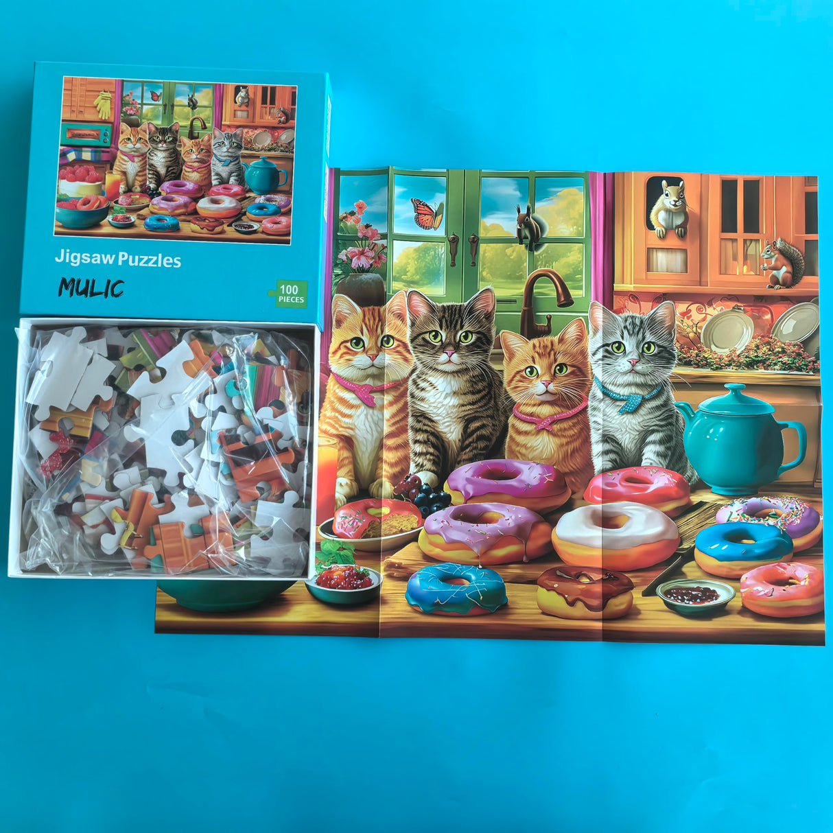 Extra Large Pieces Jigsaw Puzzles for Adults - 100 Piece Puzzles for Kids Ages 8-10 10-12 - Large Piece Puzzles for Seniors - Kitchen Kittens and Donuts Mulic