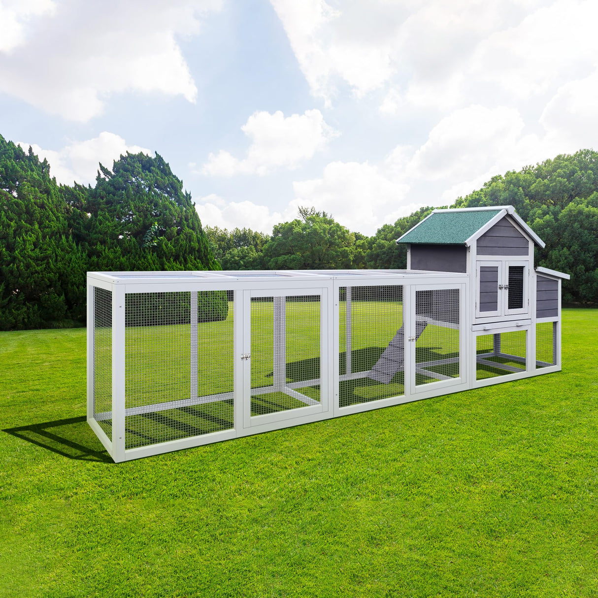 YOPTO 122" Large Chicken Coop with Run,Outdoor Chicken Run W/Nesting Box & Perch,Wooden Hen House W/Ramp & Sliding Trays,Waterproof Poultry Cage W/Sloped Asphalt Roof,for 3-4 Chickens,Gray YOPTO