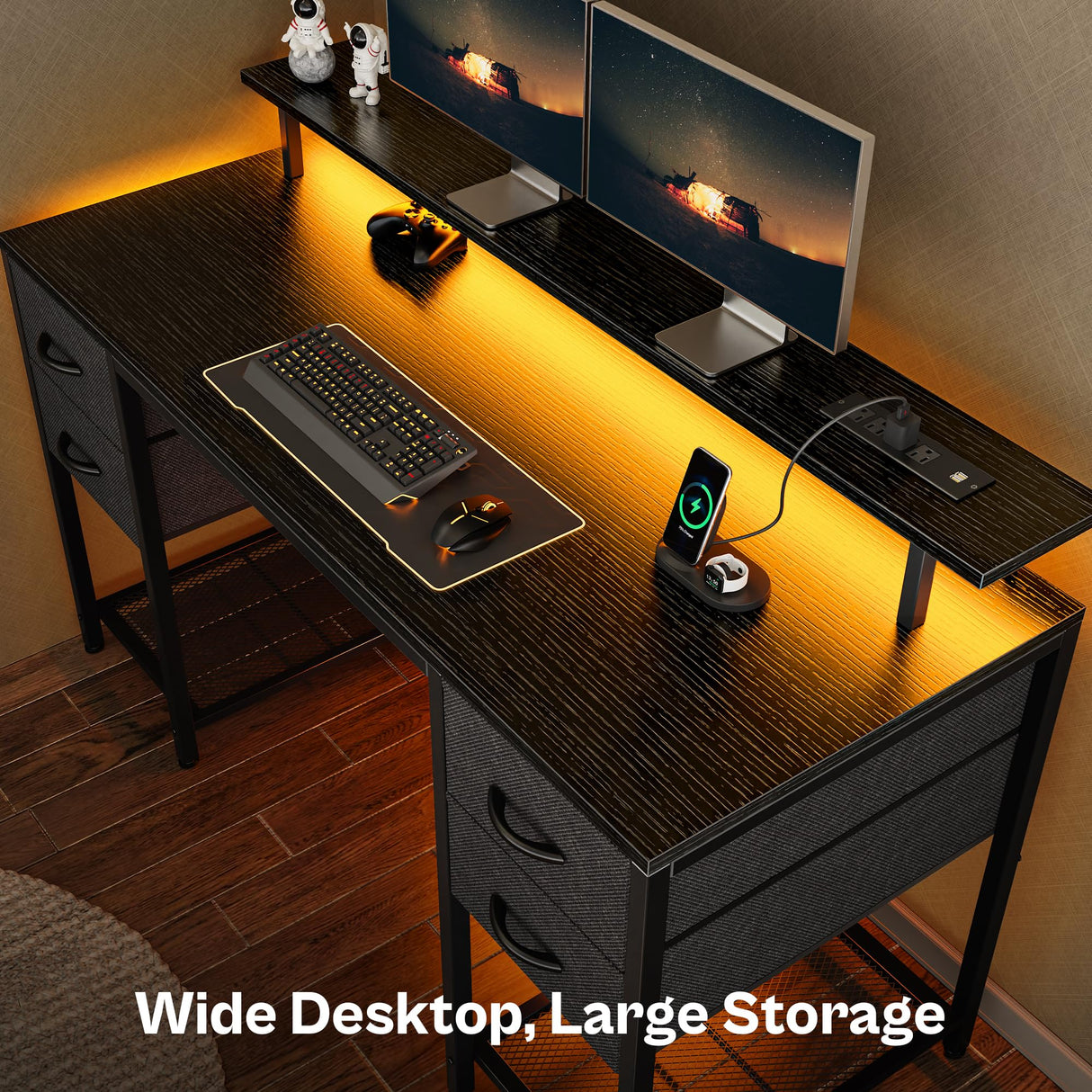 Huuger 55 inch Computer Desk with 4 Drawers, Gaming Desk with LED Lights & Power Outlets, Home Office Desk with Large Storage Space for Bedroom, Work from Home, Black Huuger