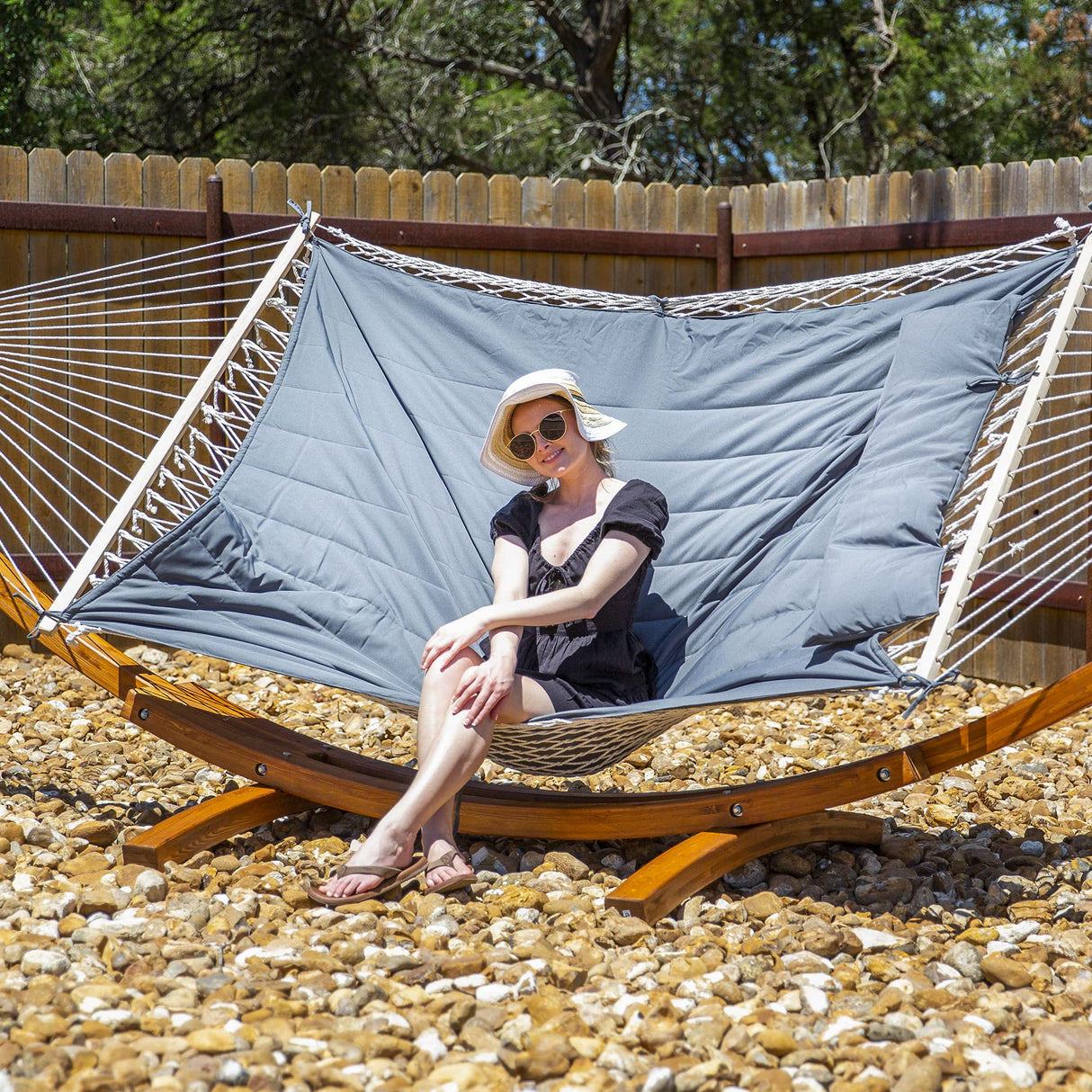 SUNCREAT Hammocks 2 Person Hammock with Hardwood Spreader Bar, Double Rope Hammock with Polyester Pad, Dark Gray SUNCREAT