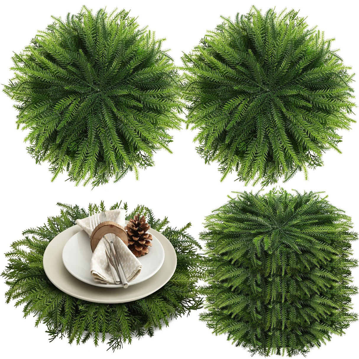 Teenyyou 6 Pcs Christmas Placemats Set 15 Inch Large Norfolk Pine Placemats Round Greenery Place Mats Artificial Xmas Washable Winter Table Decoration for Holiday Party Dining (Norfolk Pine, Green) Teenyyou