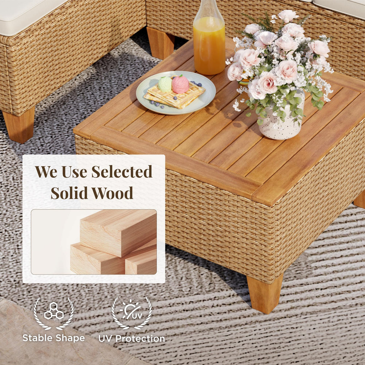 MIXPATIO Wicker Outdoor Patio Furniture Set 3 Pieces Patio Chaise Longue Conversation Set, Rattan L-Shaped Sofa Couch with Acacia Wood Coffee Table for Deck Porch and Garden MIXPATIO