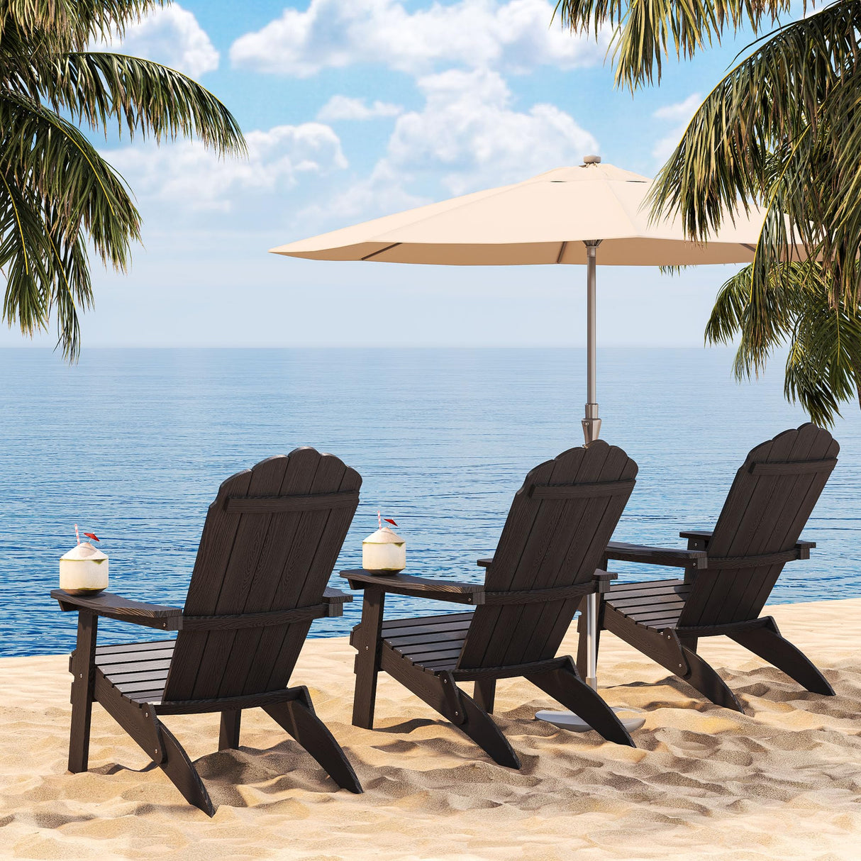 Qsun Outdoor Folding Adirondack Chair of 2, Weather Resistant Patio Chair with Cup Holder for Outside, Deck, Lawn, Backyard, Garden, Fire Pit, Campfire Lounger, Black, Large Qsun