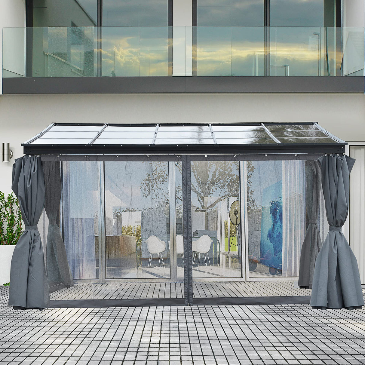 Outsunny 10' x 13' Outdoor Patio Gazebo with Sloping Polycarbonate Roof, Durable Aluminum Frame, & Netting Curtain Outsunny