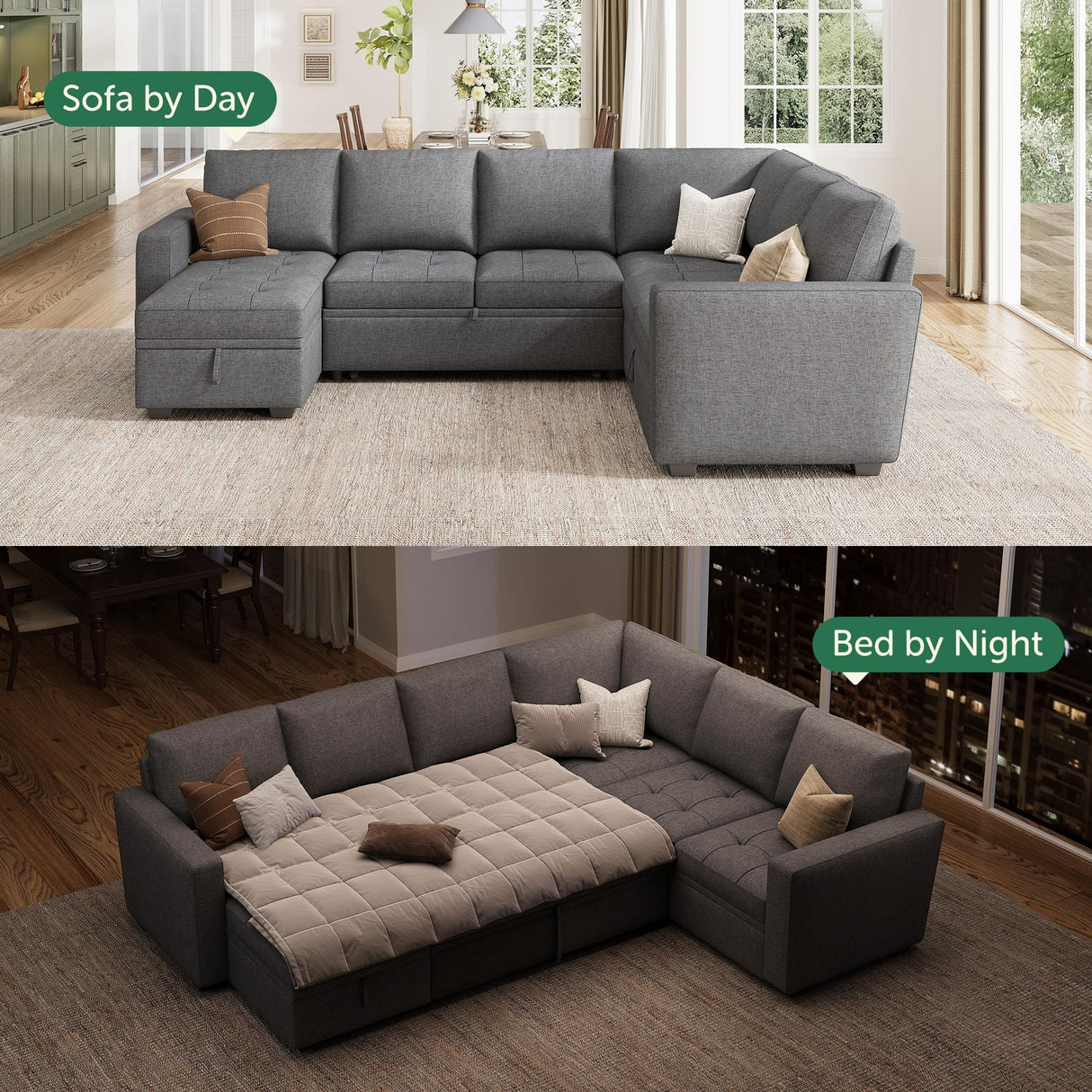 HONBAY Modular Sectional Sleeper Sofa with Pull Out Bed, Convertible L Shaped Sectional Couch with Storage Seat, Sectional Couches for Living Room,Grey HONBAY