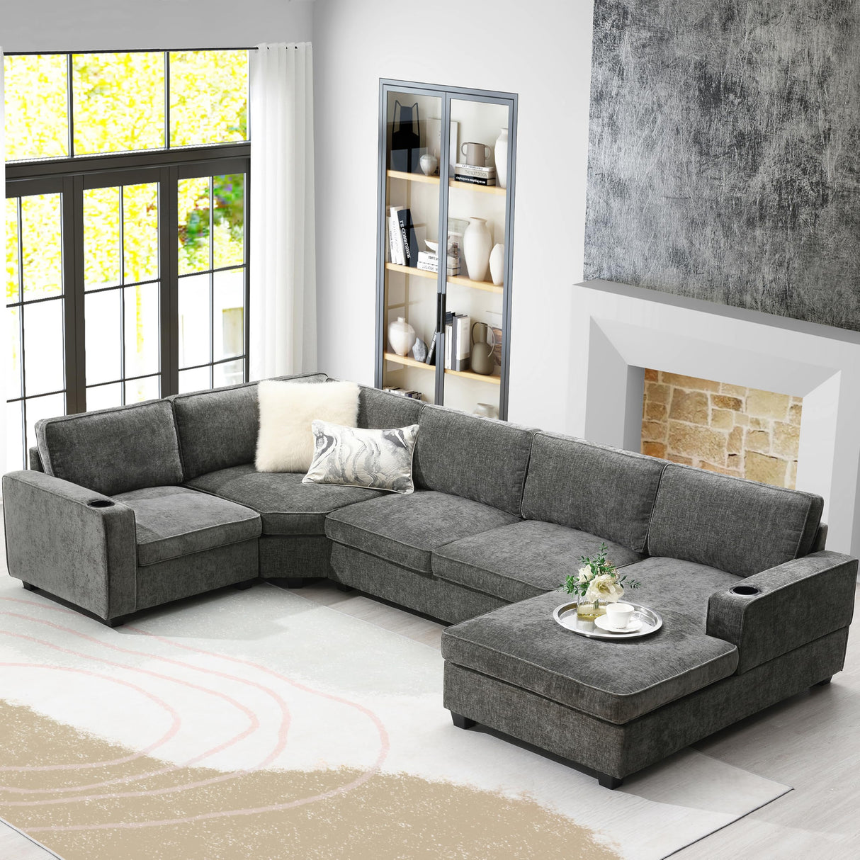 Merax Modern U-Shaped Cloud Couch Set with Oversized Chaise Lounge, Chenille 6-Seat Sectional Sofa Sleeper Bed with Cup Holders for Living Room Dark Gray Merax