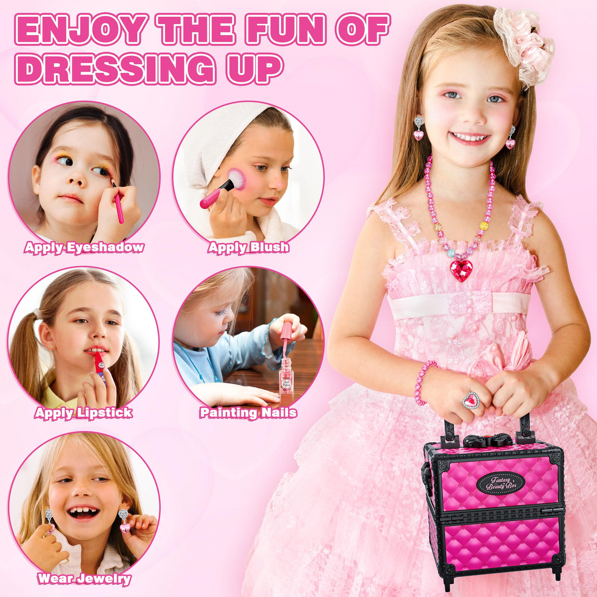 99 Pcs Kids Makeup Kit for Girls, Princess Toys Real Washable Cosmetics Set with Mirror, Hair Ties, Nails, Rings, Earrings, Necklace, Perfect for 3 4 5 6 7 8 Year Old Girls Birthday Kuovei