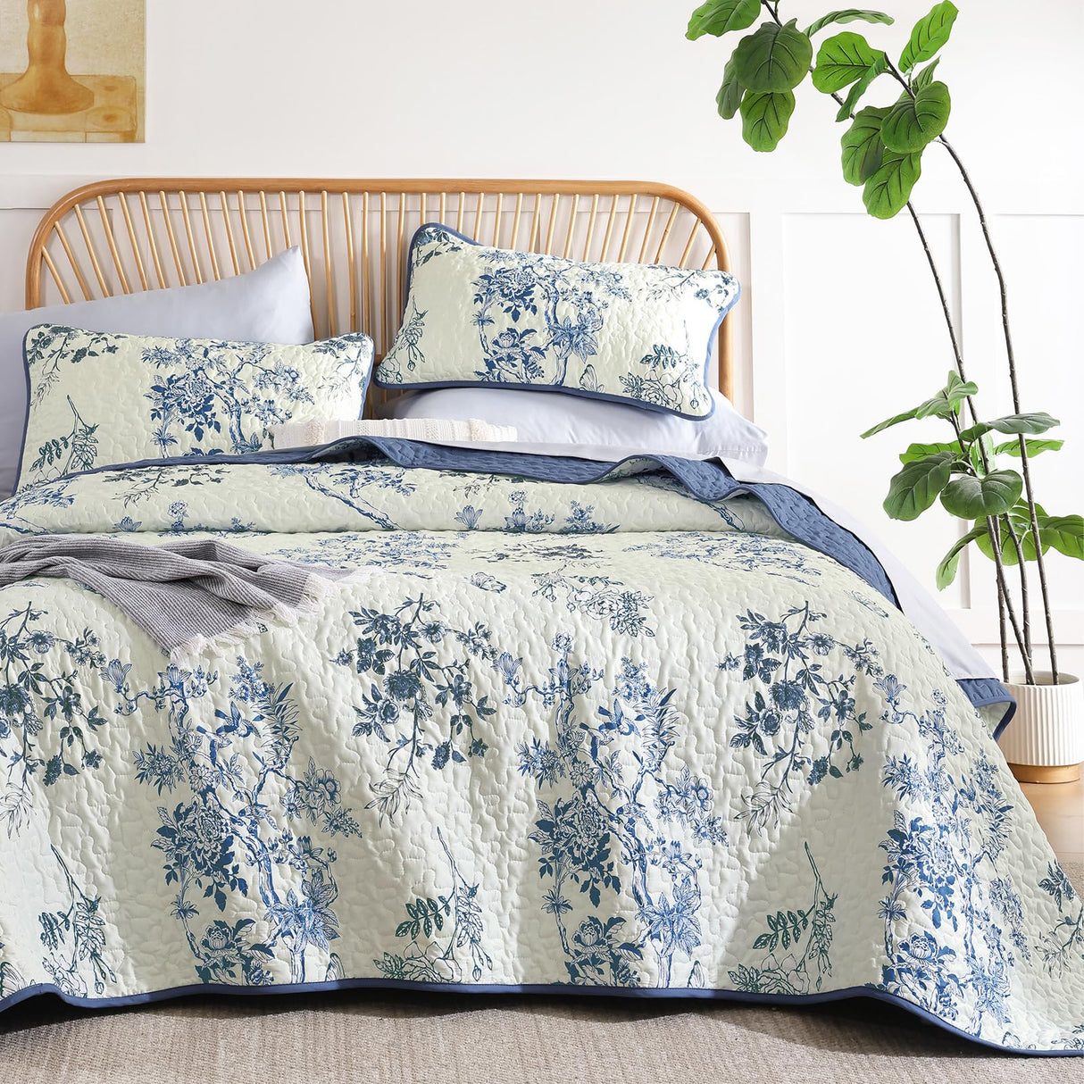 WONGS BEDDING Blue Floral Quilt Set King,Botanical Leaf & Butterfly Pattern Bedspread Coverlet Set,Soft Beautiful Farmhouse Plants Quilts Bedding Set for All Seasons(104"×90") WONGS BEDDING