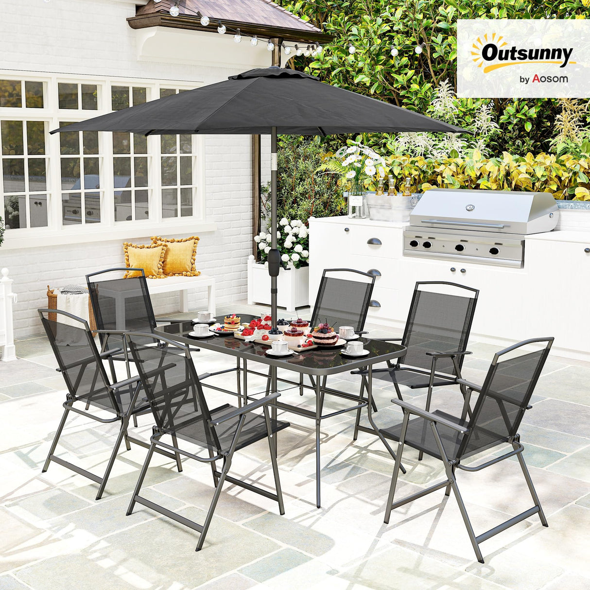 Outsunny 8 Piece Patio Dining Set with Table Umbrella, 6 Folding Chairs and Rectangle Dining Table, Outdoor Patio Furniture Set, Black Outsunny