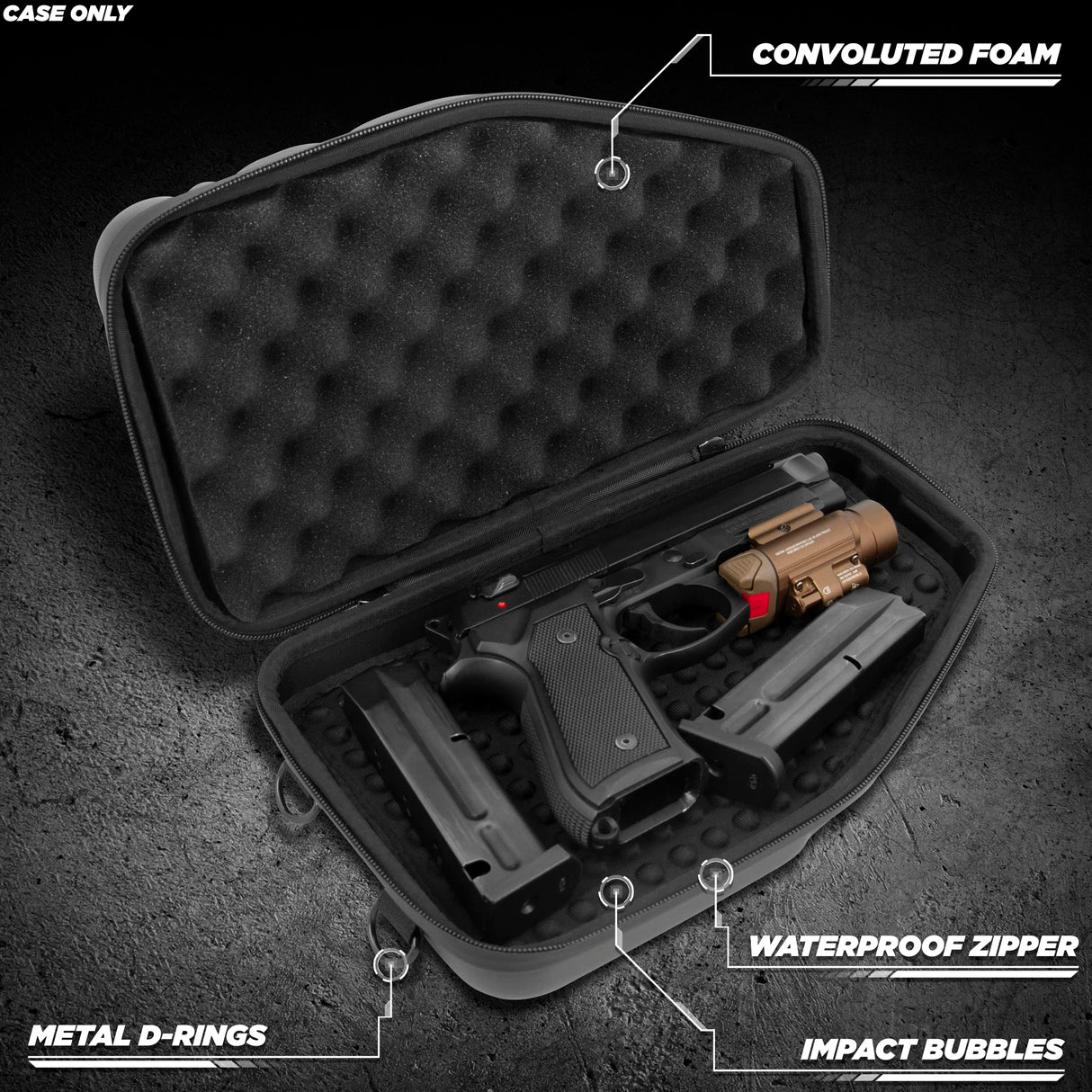 CASEMATIX Locking Pistol Case Fits Small to Large 9mm Pistols with Room For Extra Clips and Attachments- Portable EVA Gun Rug Handgun Case with Snap In Zippers, Water Resistant, Shoulder Strap CASEMATIX