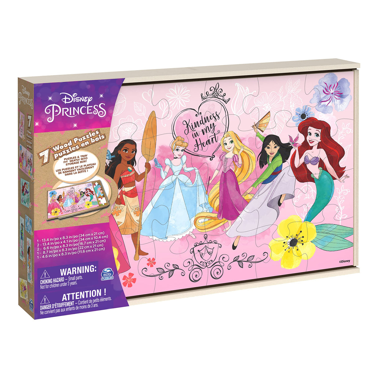 Disney Princess, 7 Wood Puzzles Jigsaw Bundle 12-Piece 16-Piece 24-Piece Ariel Tiana Rapunzel Pocahontas with Storage Tray, for Kids Ages 4 and up Spin Master Games