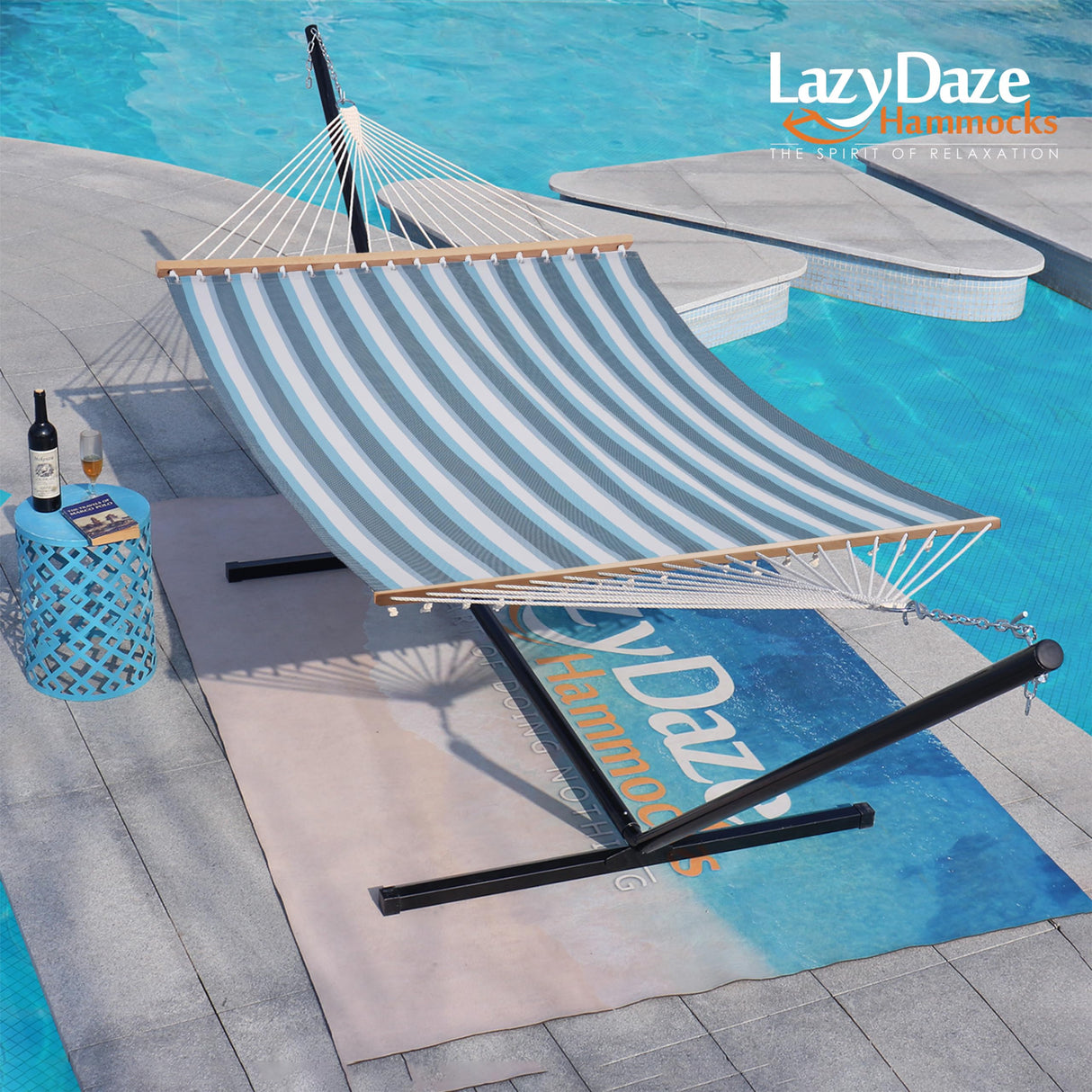 Lazy Daze Hammocks Quick Dry Hammock with Spreader Bar Textliene Fabric Double Outside Hammock with Chains Outdoor Patio Poolside Backyard Beach 450 lbs Capacity, Blue White Stripes Lazy Daze Hammocks