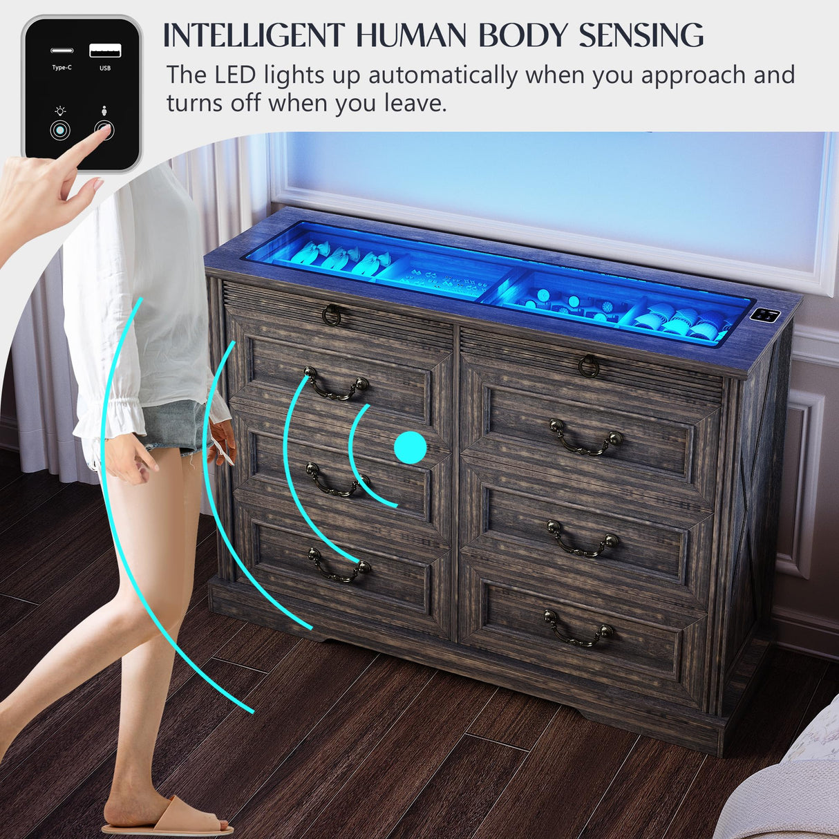 Lareth Farmhouse 6 Drawer Dresser for Bedroom 47 inch Wooden Double Chest of Drawers with Glass Top LED Light Charging Station One Secret Drawer Bedroom Closet Dresser Tv Stand for Living Room, Brown Lareth