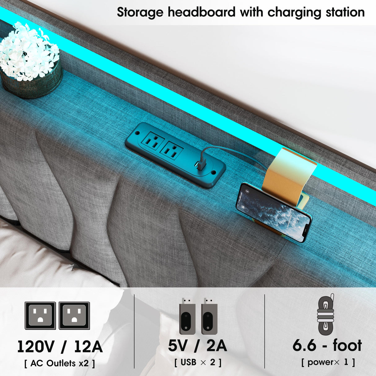 Full Size Lift Up Storage Bed Frame, Height Adjustable Storage Headboard with Charging Station, LED Lights Upholstered Platform Bed, Wooden Slat, No Box Spring Needed, Noise-Free, Dark Grey Fameill
