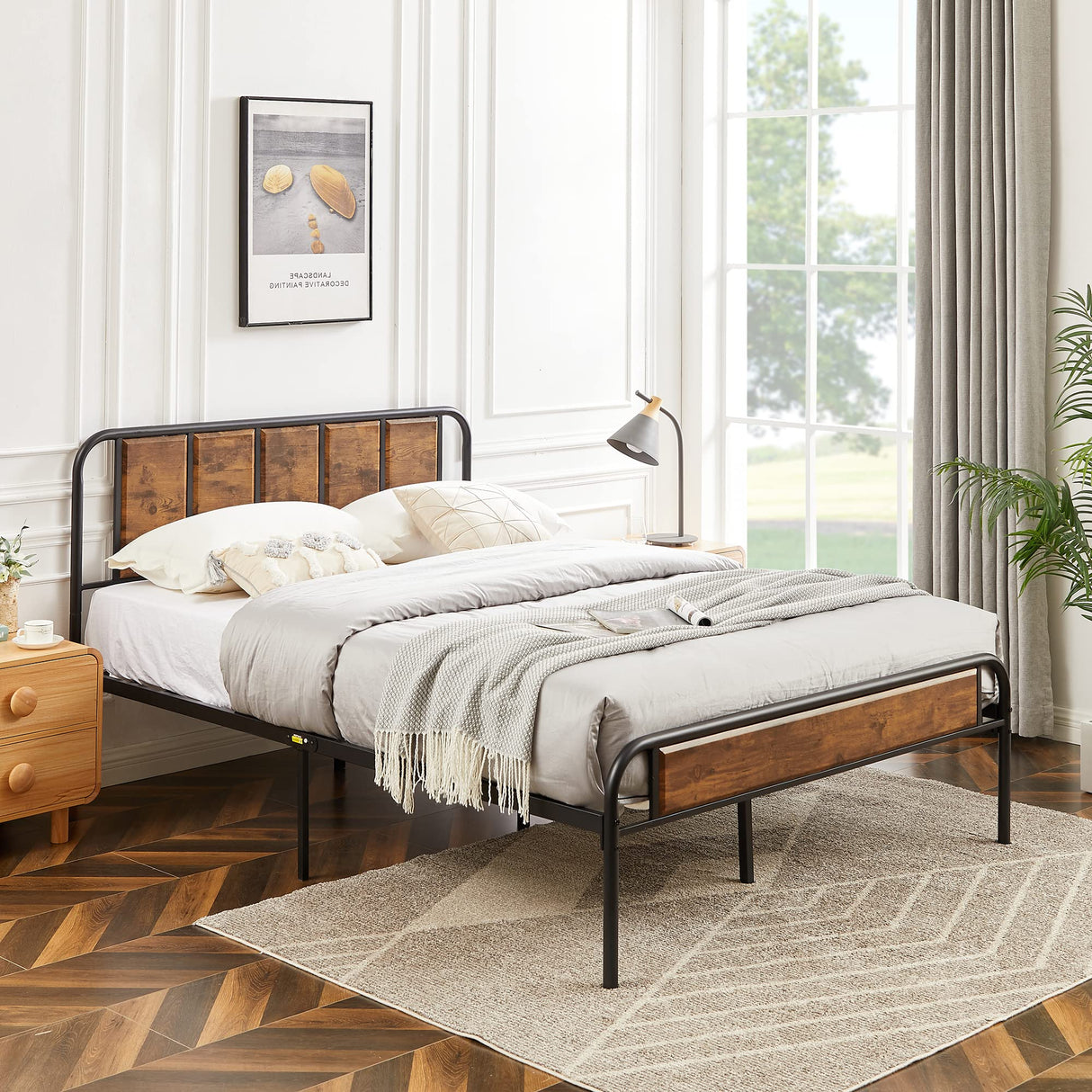 VECELO Industrial Queen Size Platform Bed Frame with Wooden Headboard - Sturdy, No Box Spring Needed, Brown VECELO