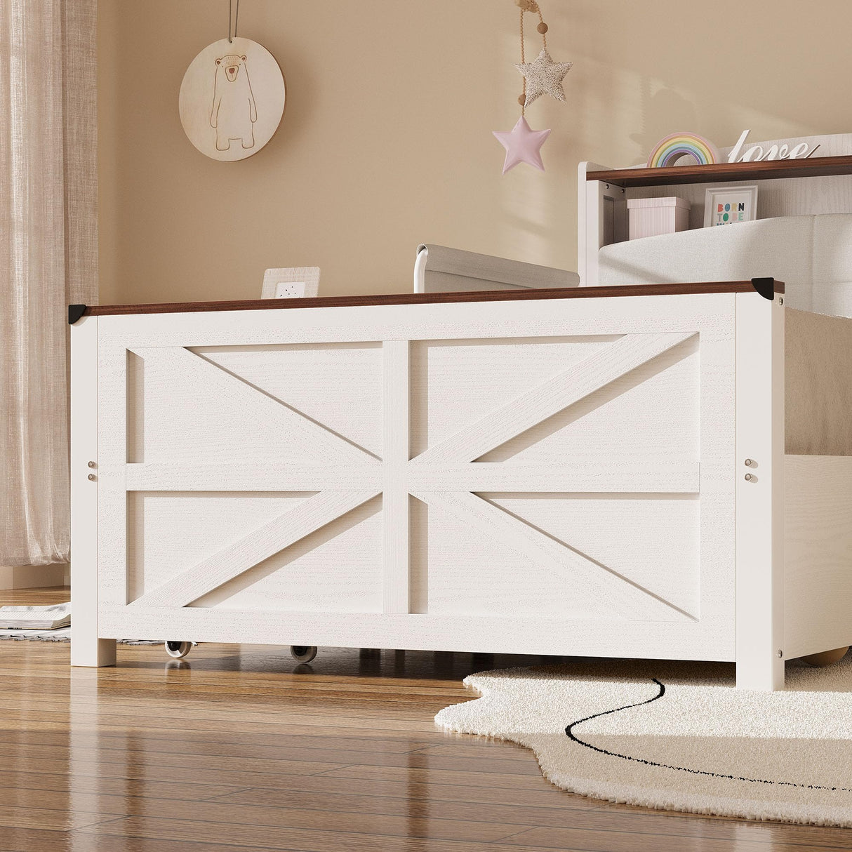 IRONCK Twin Bed Frame with Rails, Farmhouse Platform Bed with 2 Drawers, Upholstered StorageHeadboard & Charging Station for Boys Girls Teens, No Box Spring Needed, White/Walnut IRONCK