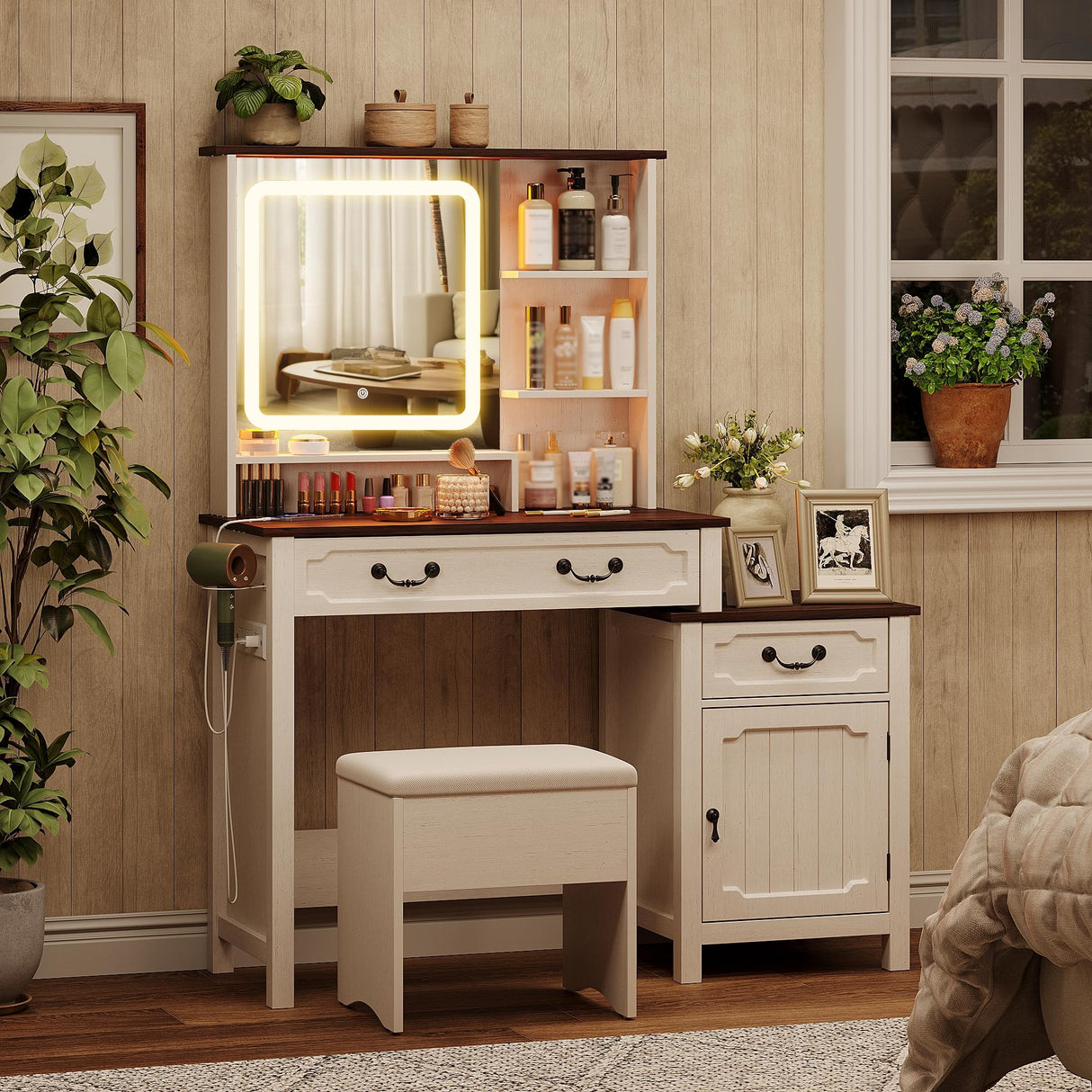 Maupvit Farmhouse Makeup Vanity Desk with LED-Light Mirror with Charging Station and Bedside Table ,3 Lighting Color Adjustable,White Vanity Desk Set with Large Drawers for Bedroom Maupvit