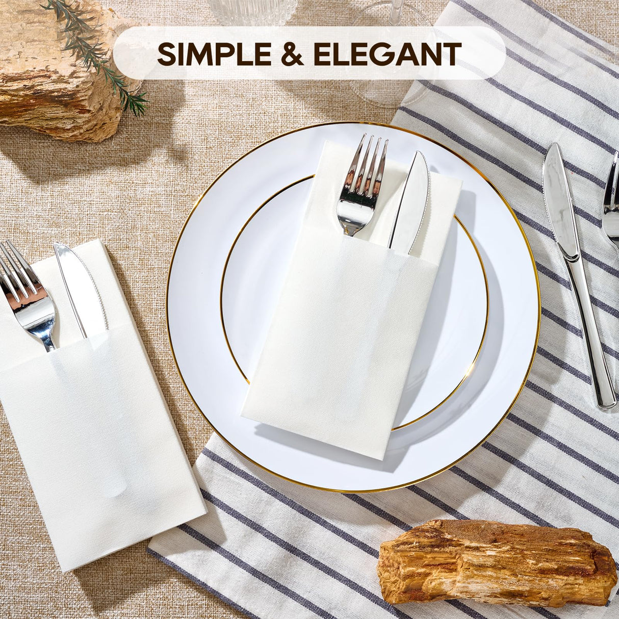 FOCUSLINE 50 Count Disposable Cloth like Napkins, Built-in Flatware Pocket, White Prefolded Paper Napkins, Linen Feel Dinner Napkins for Wedding, Parties, or Events FOCUSLINE