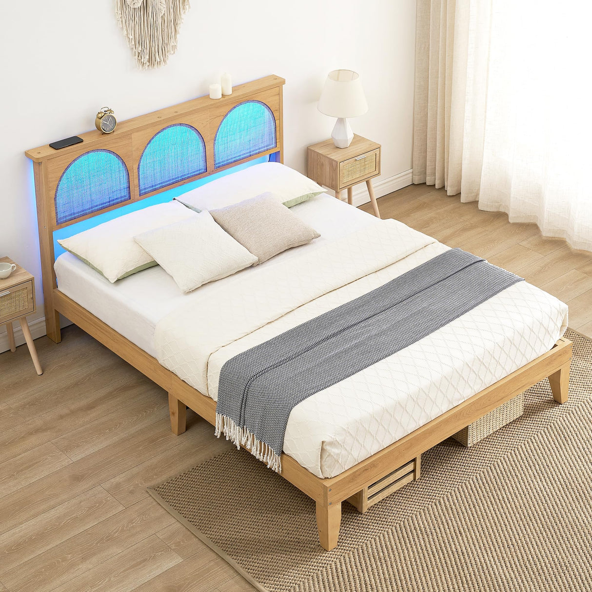 GAOMON Full Size Platform Bed Frame with Rattan Headboard and LED Lights GAOMON