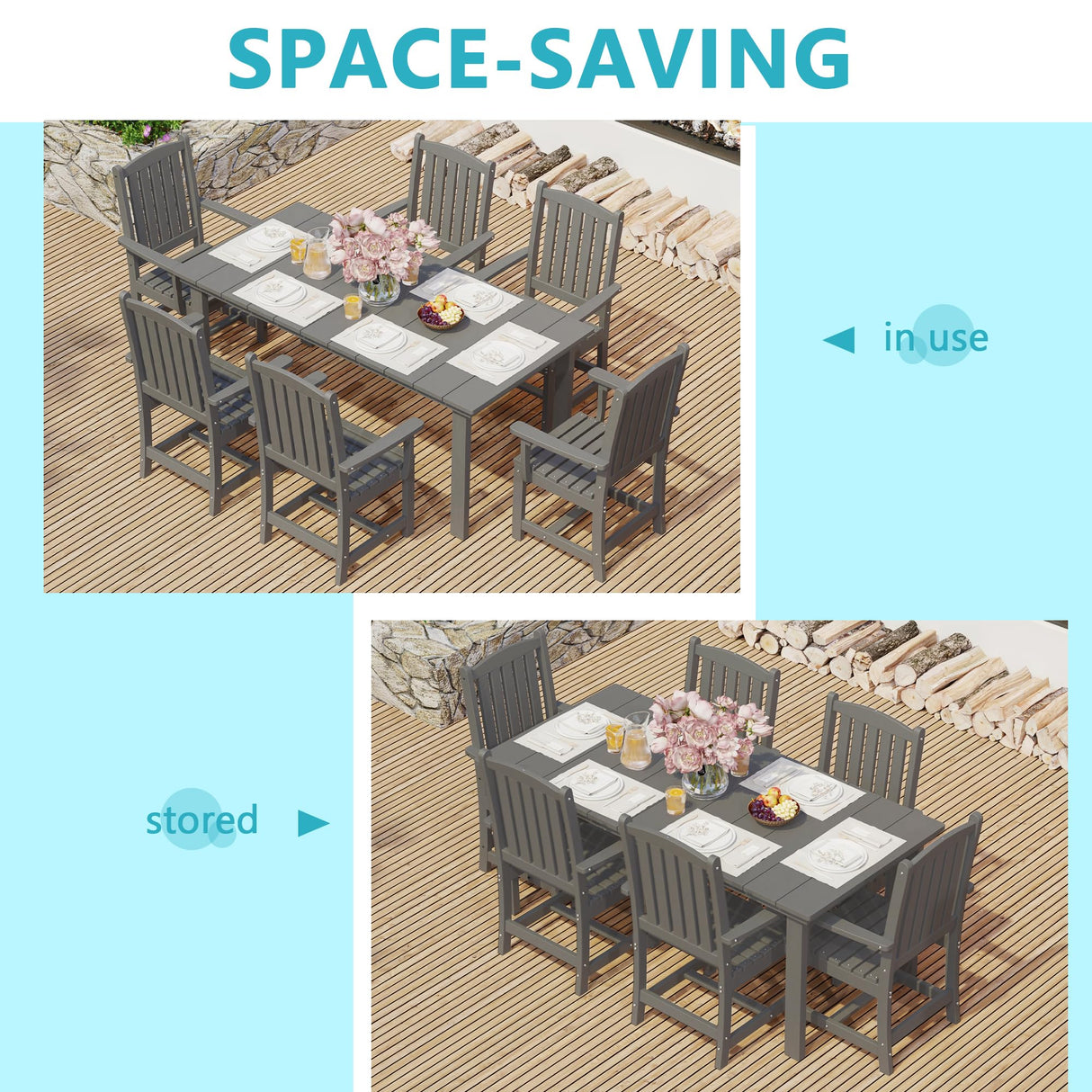 ROCSUMOO 7-Piece HDPE Outdoor Dining Set with 6 Chairs, Rectangular Patio Dining Furniture Set of 6, Modern Dining Table Chairs Set with Umbrella Hole for Poolside, Dark Gray (6 Chairs+1 Table) ROCSUMOO