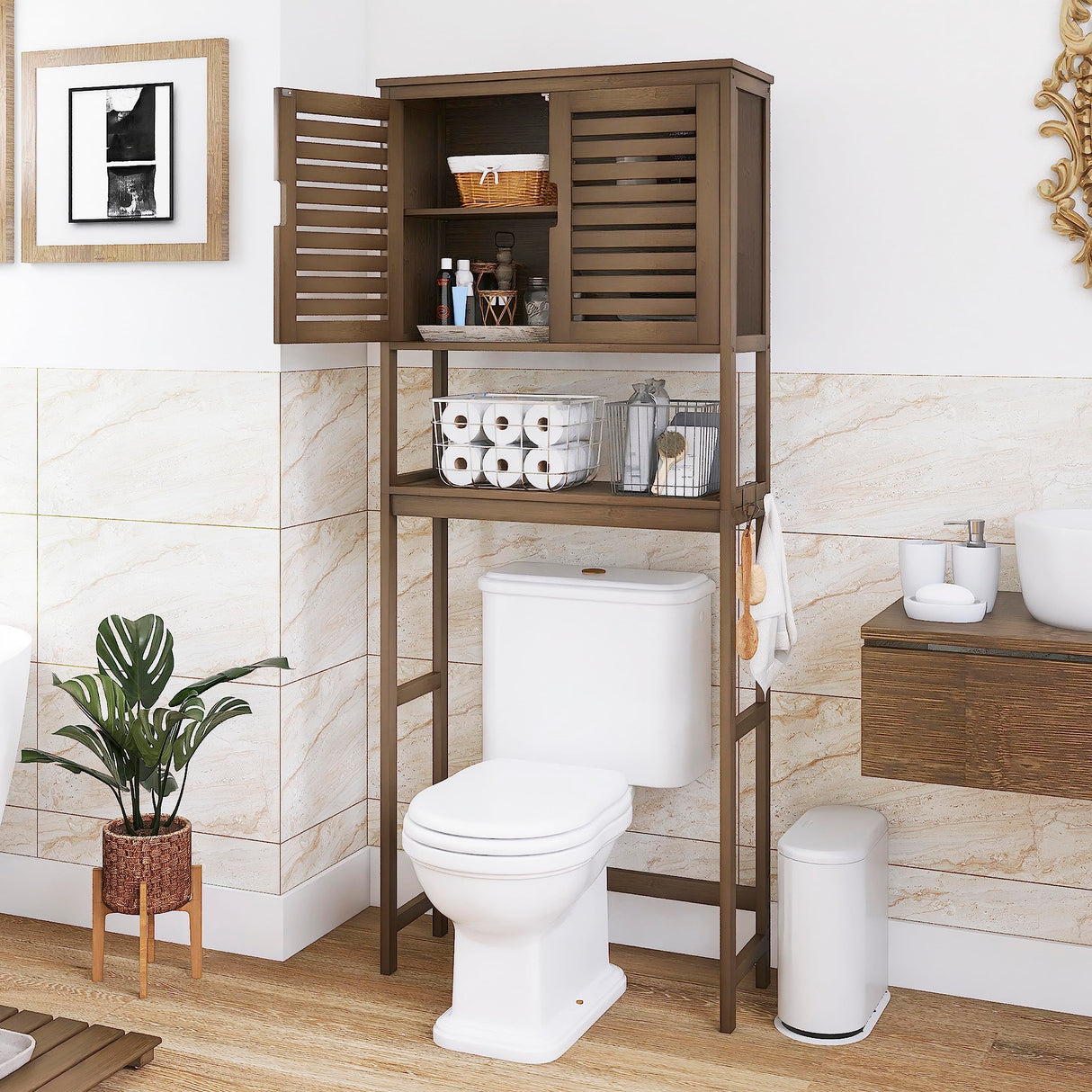 SMIBUY Bamboo Over-The-Toilet Storage Shelf with Adjustable 3-Tier Shelves - Walnut Finish SMIBUY