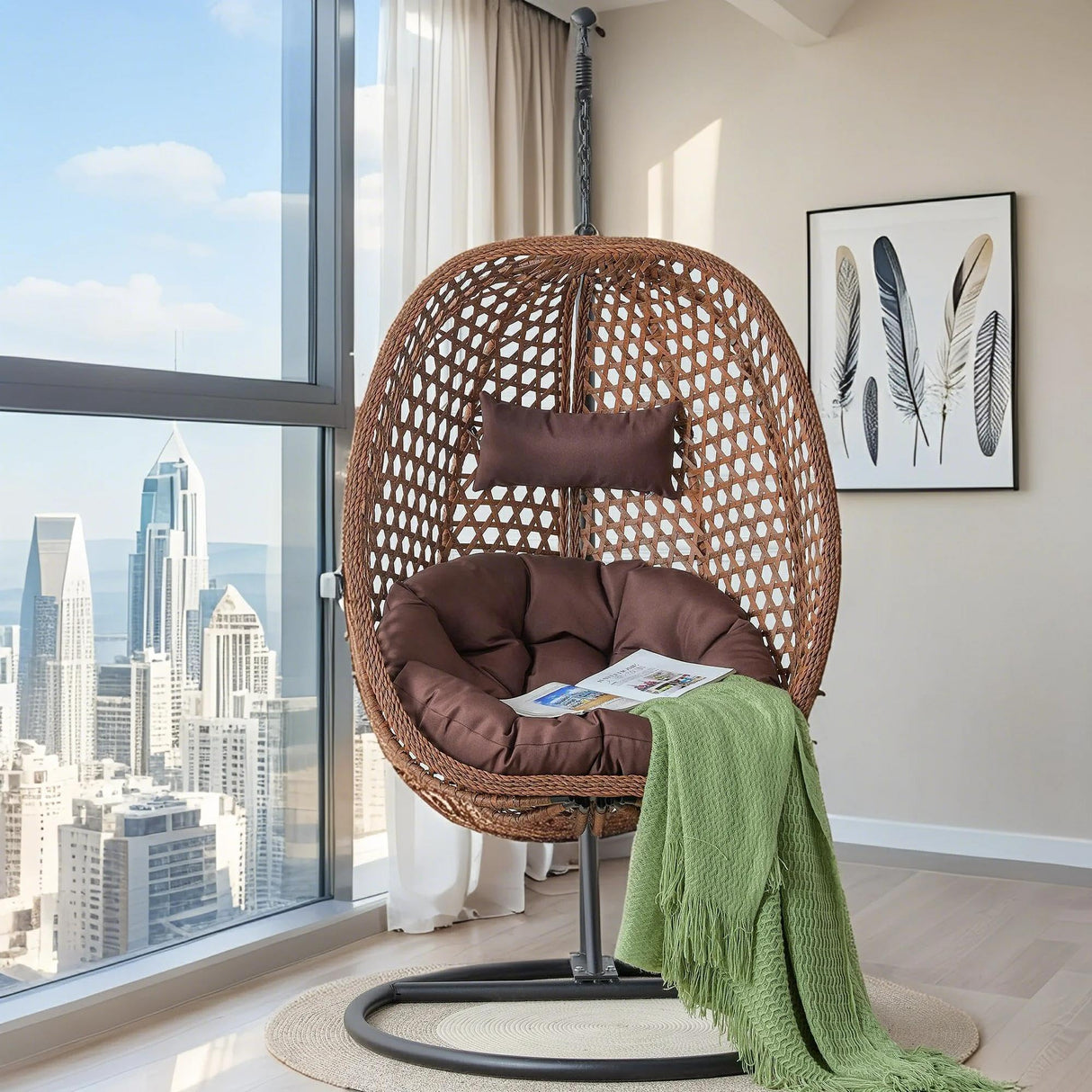 LFVFFA Egg Swing Chair with Stand Outdoor Indoor, Hanging Egg Chair with Cushions and Pillow,300lbs Capacity for Porch, Patio, Bedroom, Balcony, Brown LFVFFA