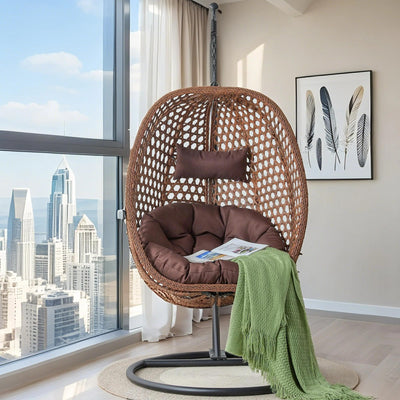 LFVFFA Egg Swing Chair with Stand Outdoor Indoor, Hanging Egg Chair with Cushions and Pillow,300lbs Capacity for Porch, Patio, Bedroom, Balcony, Brown